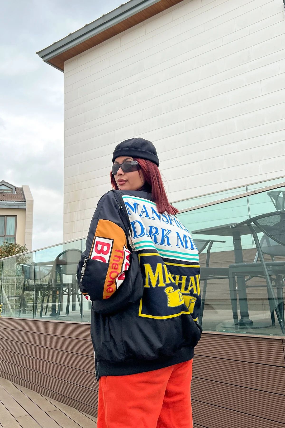 MEYASU Unisex Siyah Oversize Çift Cepli Vintage Baskılı Bomber Ceket Kolej Ceket