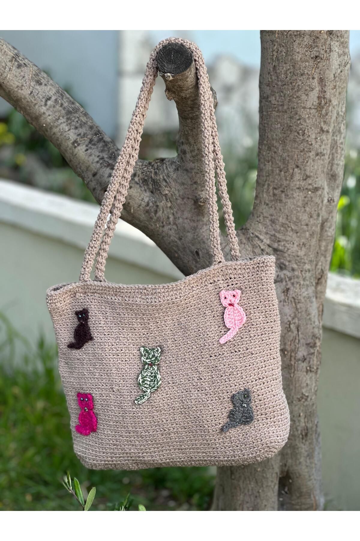 ORGANICMIRA Kadın Örgü Kedi Desenli Omuz Çantası Gri Kol Çantası
