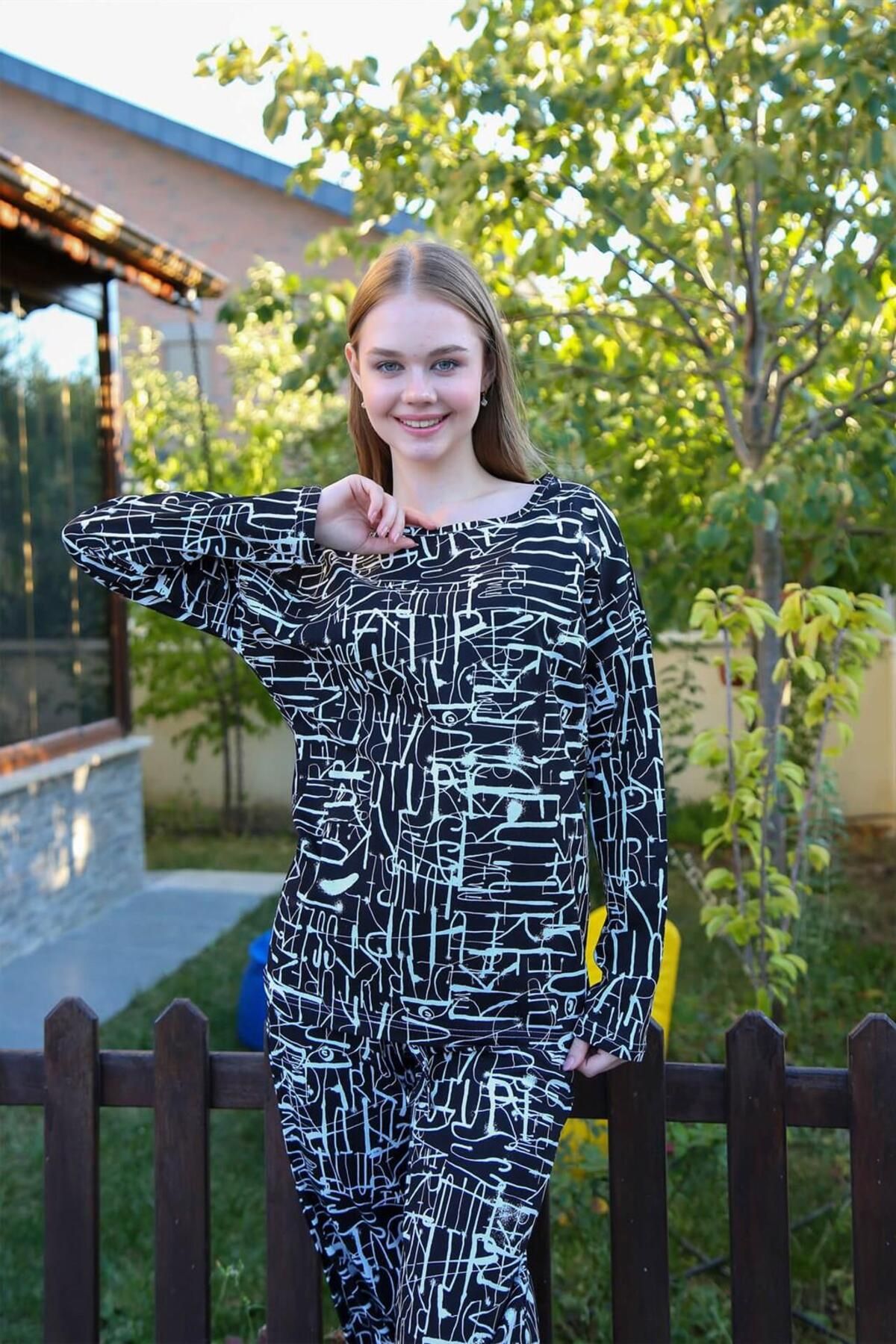 PuShe Moda Çizgi Kadın Penye Bol Paça Pijama Takım 4121