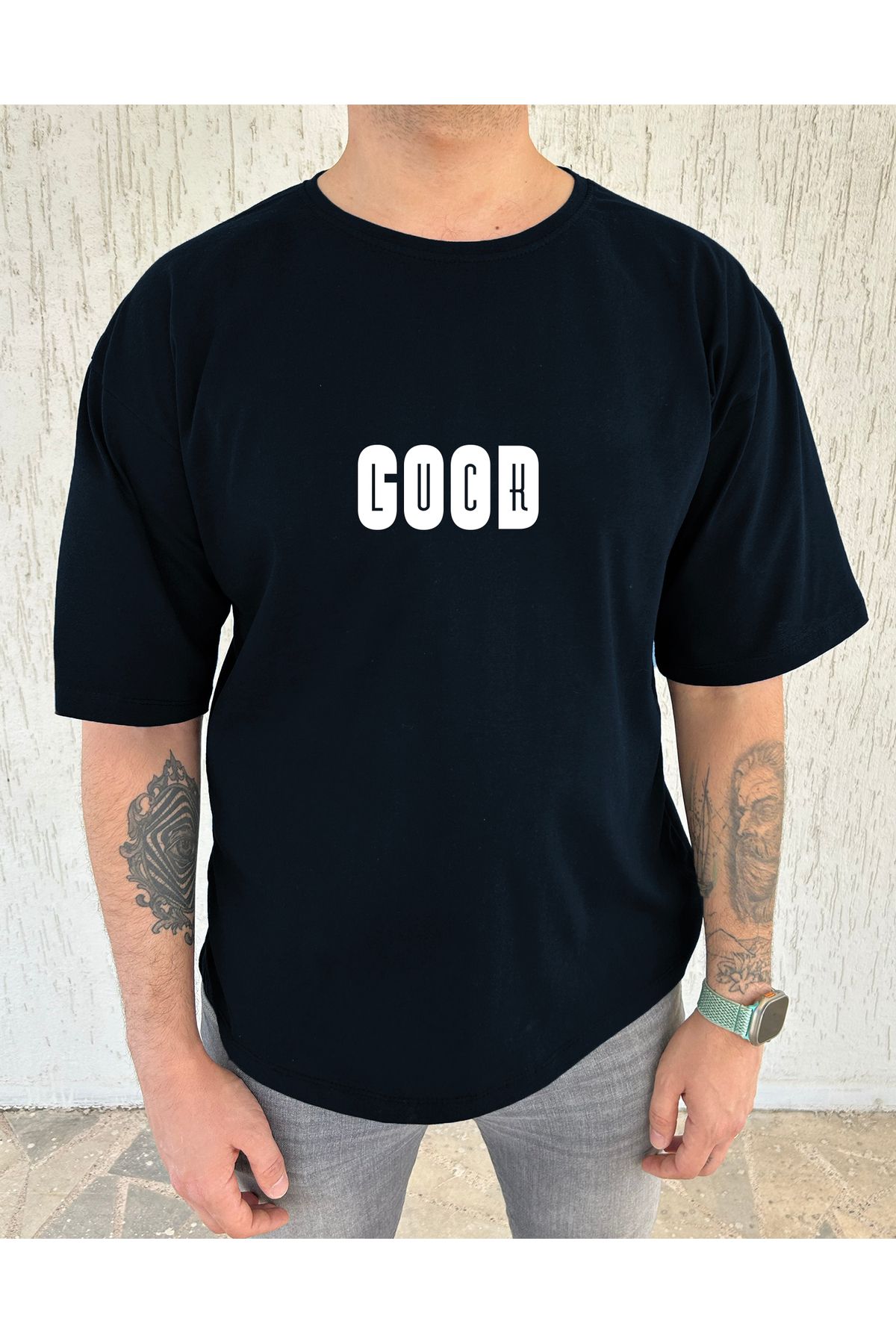 clubsodafashion Good Luck Baskılı %100 Pamuk Oversize Erkek Tişört – Salaş Kesim, Bisiklet Yaka
