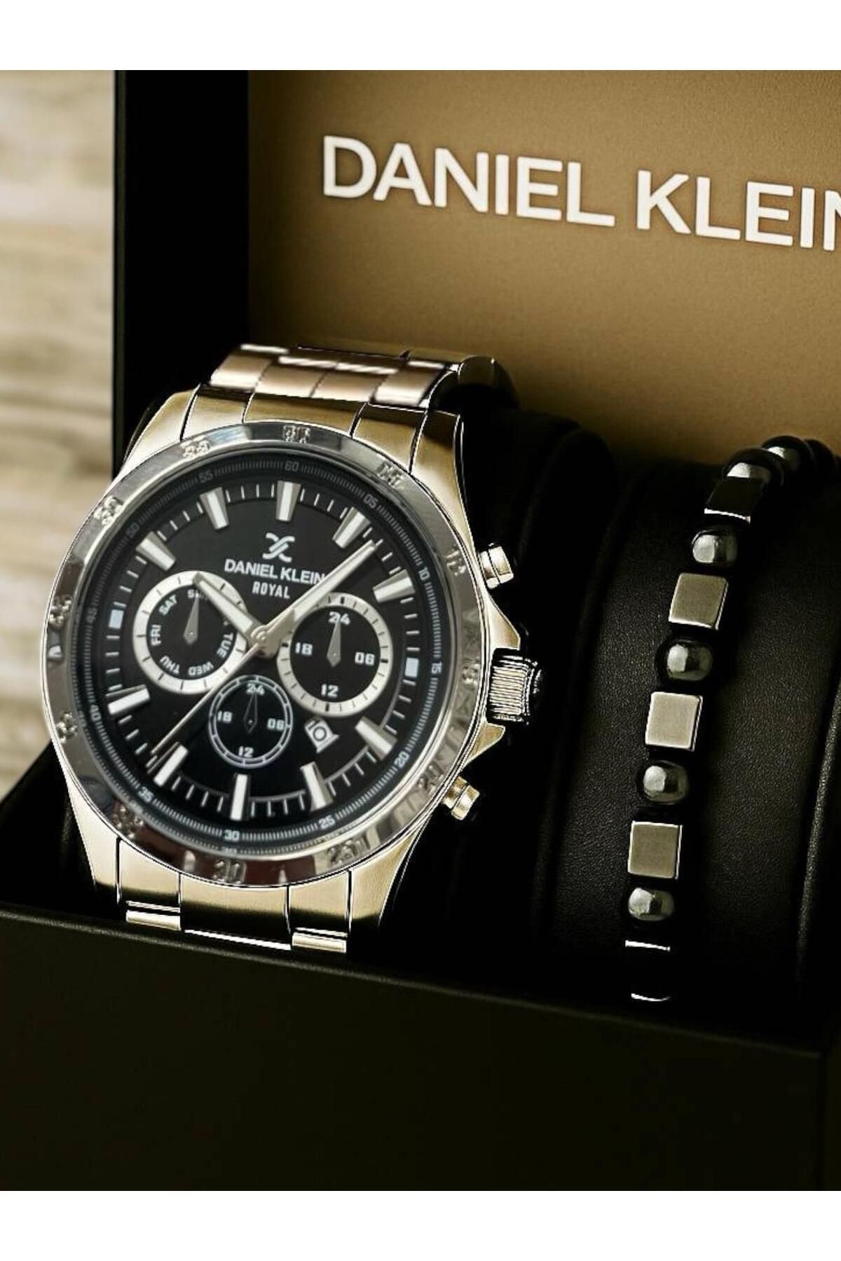 Daniel Klein Royal Gümüş Renk Orijinal Erkek Kol Saati & Bileklik Seti – Şık Hediye Kutusunda