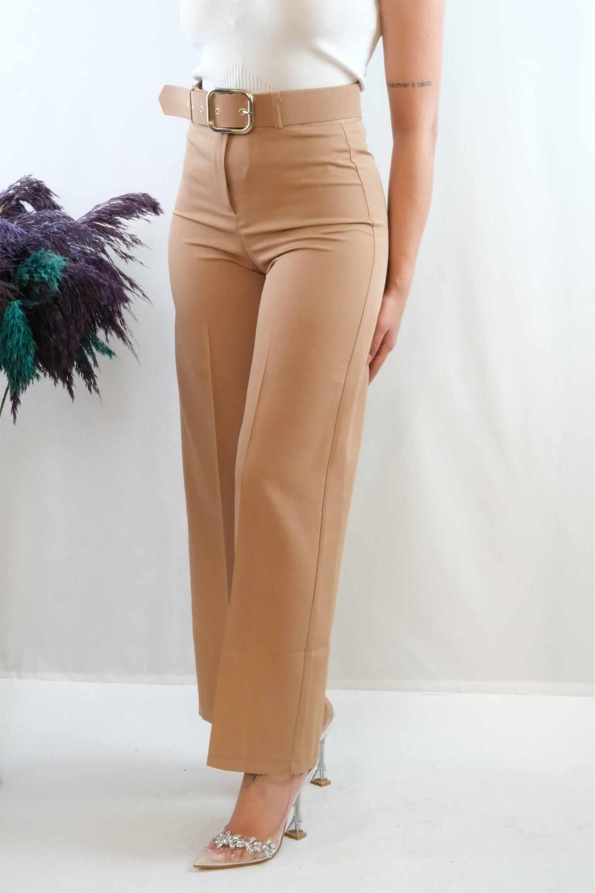 PuShe Moda Çizgi Kemerli Pantolon Vizon