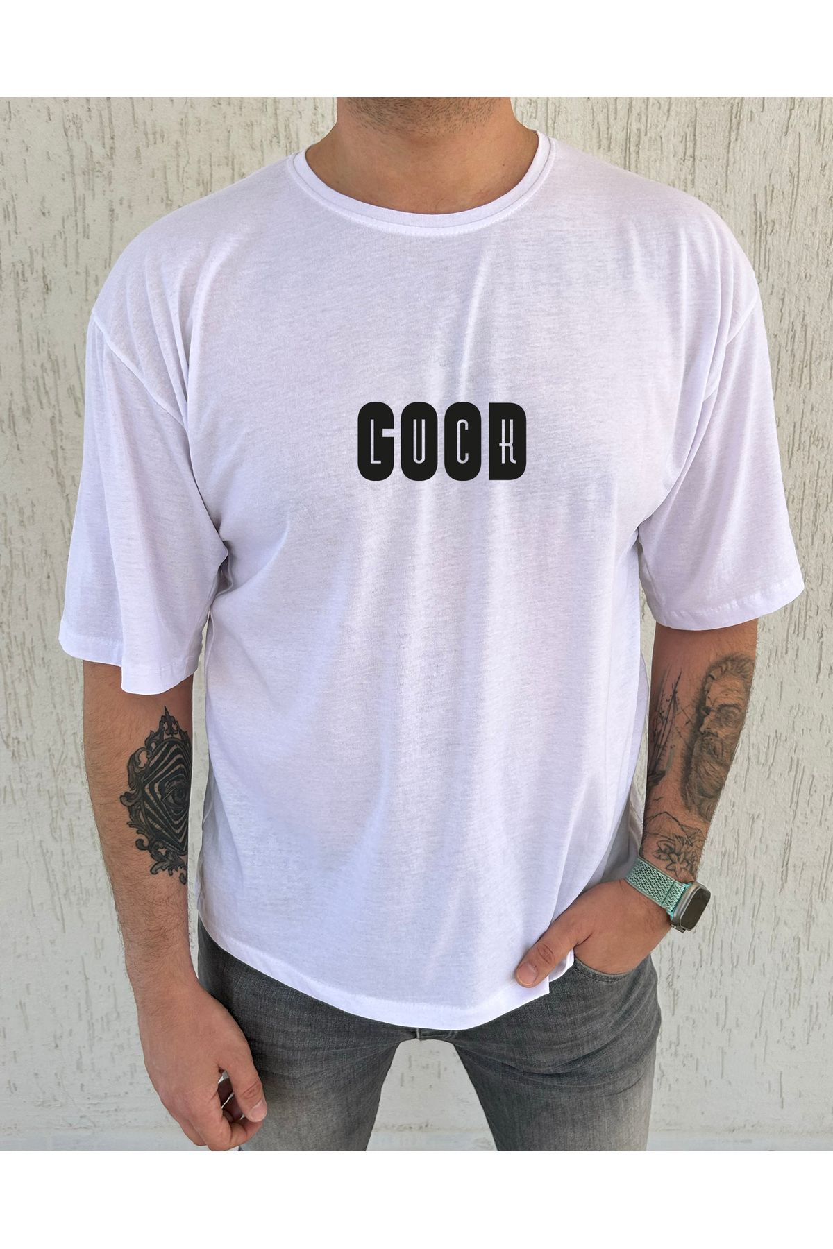 clubsodafashion Good Luck Baskılı %100 Pamuk Oversize Erkek Tişört – Salaş Kesim, Bisiklet Yaka