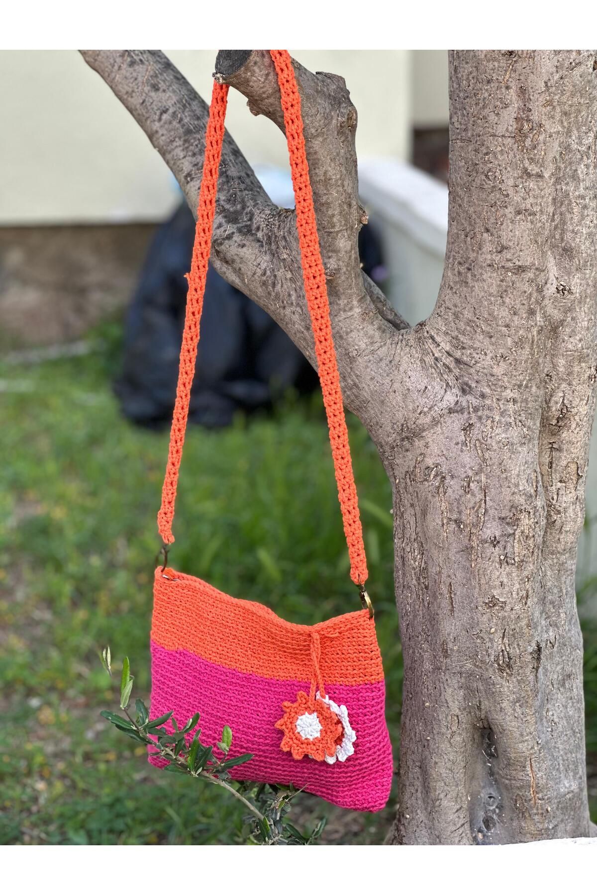 ORGANICMIRA Kadın Turuncu Pembe Çiçekli Omuz Çantası Vintage Model