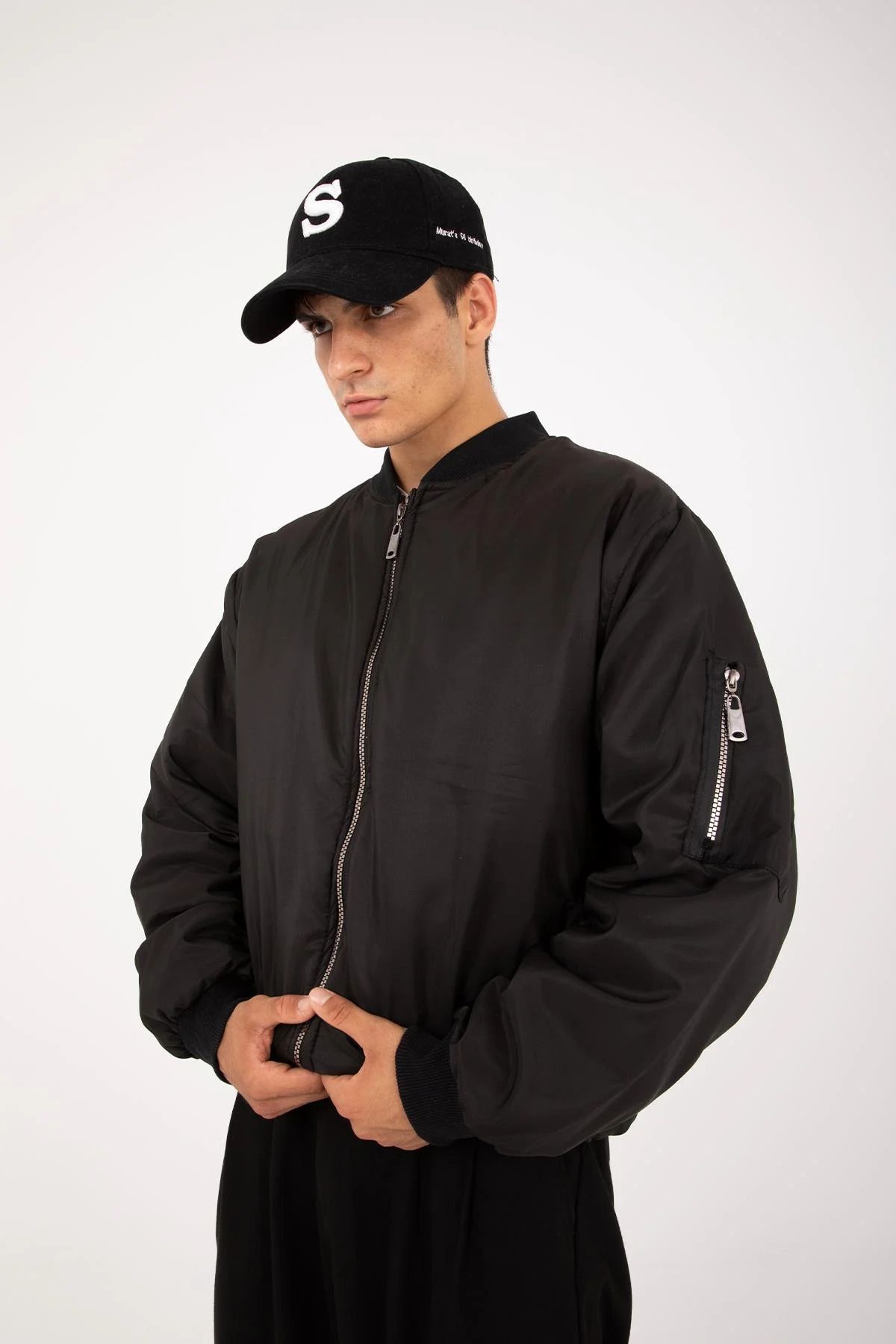MEYASU Unisex Siyah Oversize Çift Cepli Bomber Ceket Kolej Ceket
