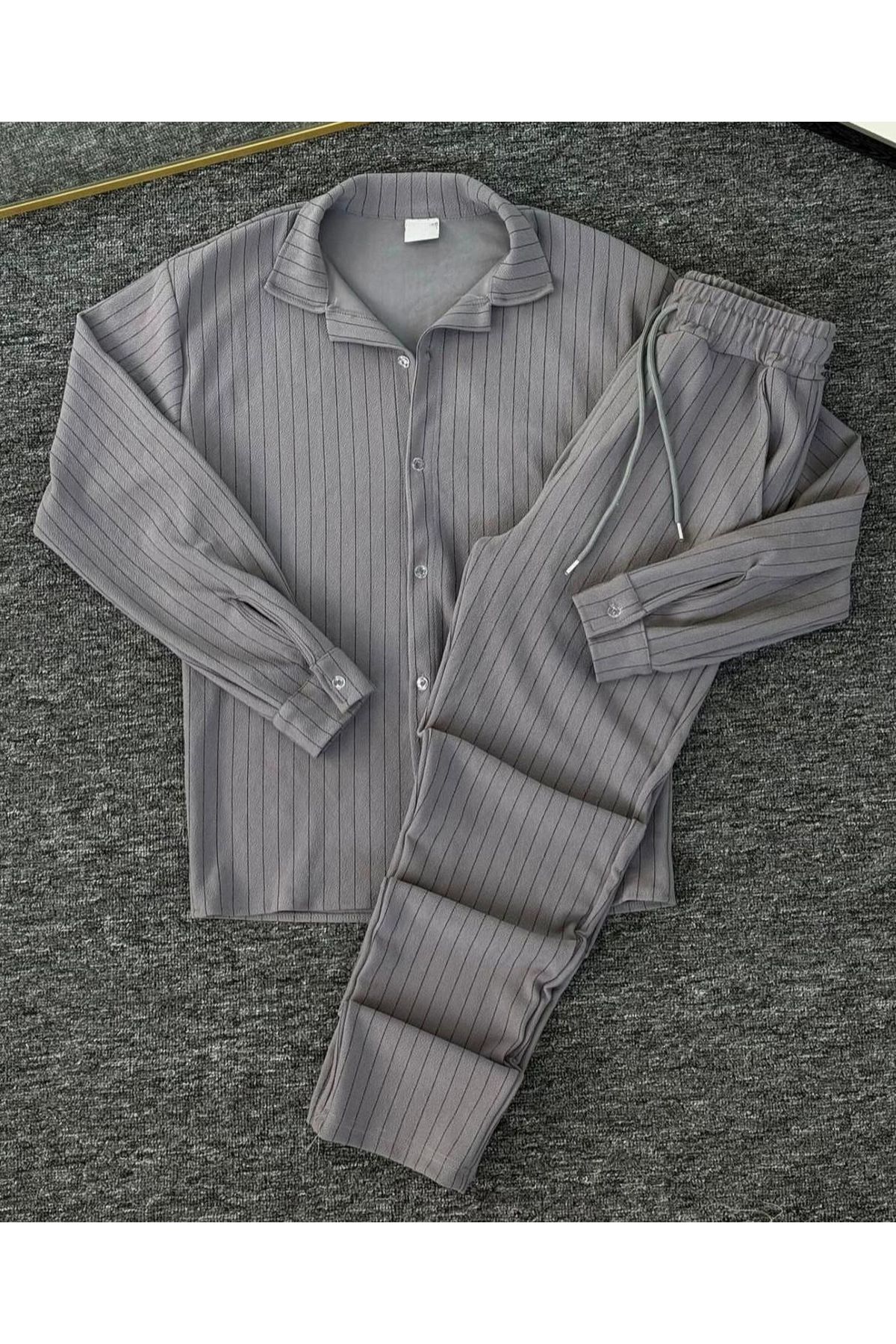 NewCabin Premium Krep Kumaş Çizgi Detaylı Unisex Gömlek ve Pantolon Takım
