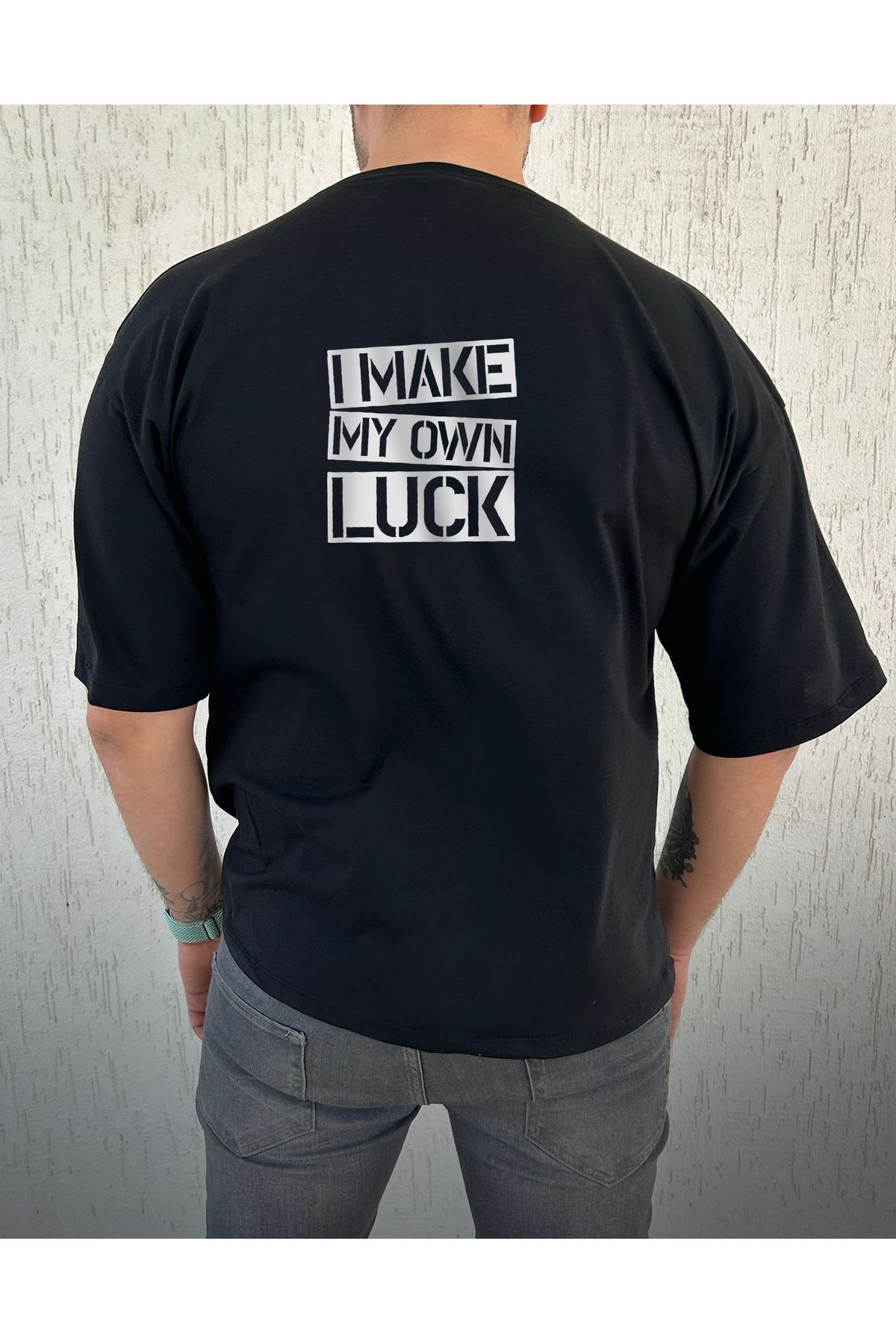 ClubSpaceAstro I MAKE MY OWN LUCK Baskılı %100 Pamuk Oversize Erkek Tişört – Güçlü Mesaj, Rahat Kalıp