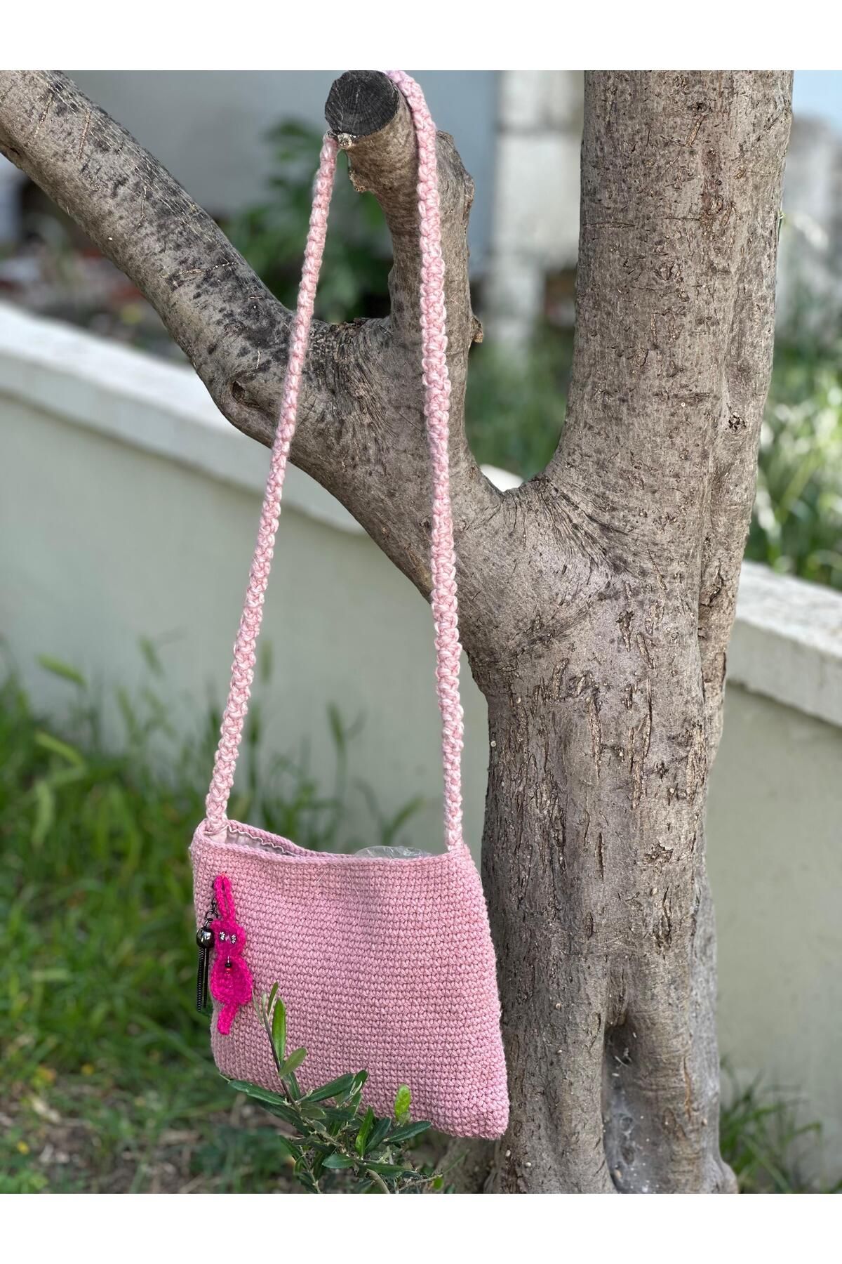 ORGANICMIRA Pembe Örgü Omuz Çantası Kadın Vintage Model Çanta