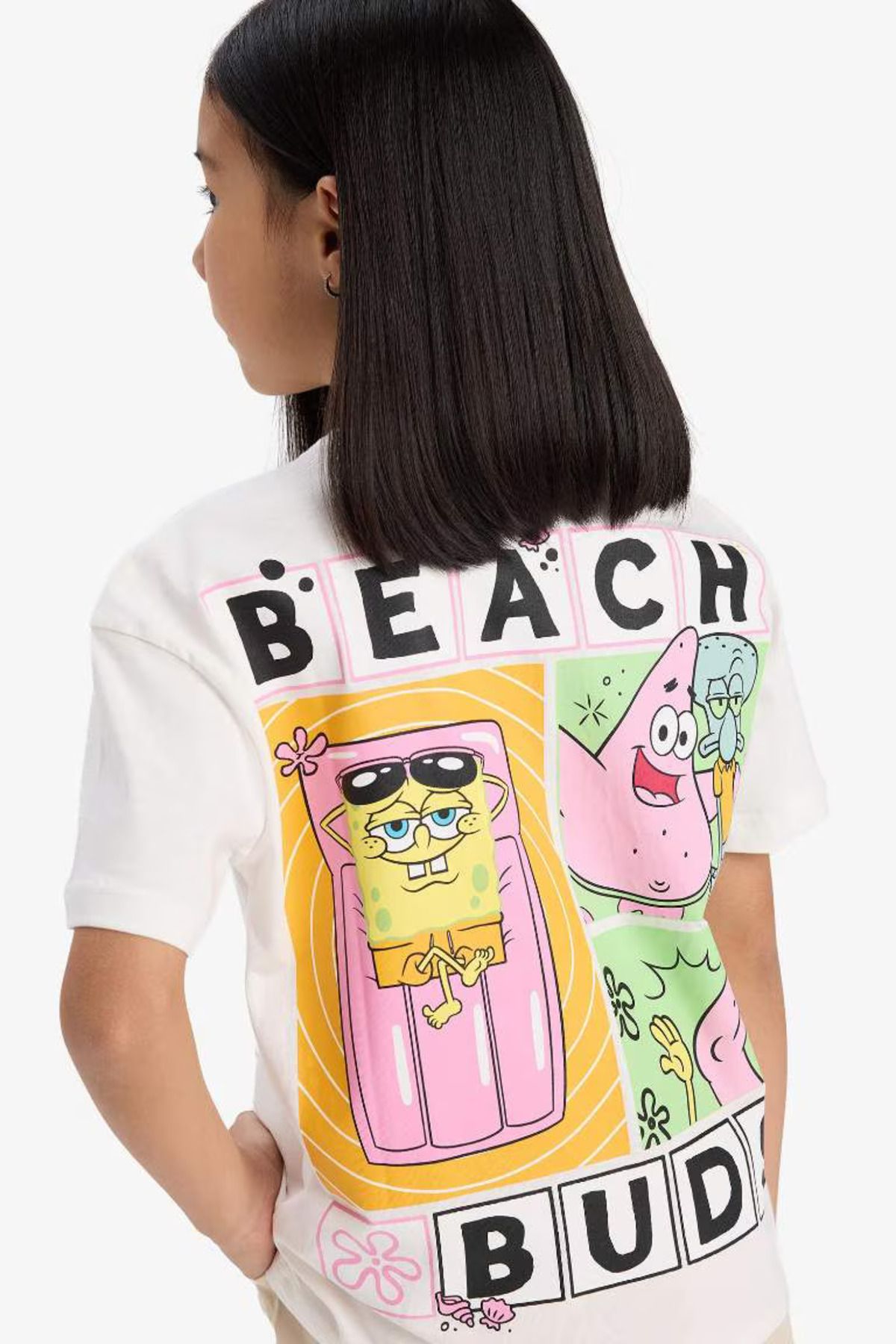 DeFacto Kız Çocuk SpongeBob Relax Fit Bisiklet Yaka Sırt Baskılı Kısa Kollu Tişört