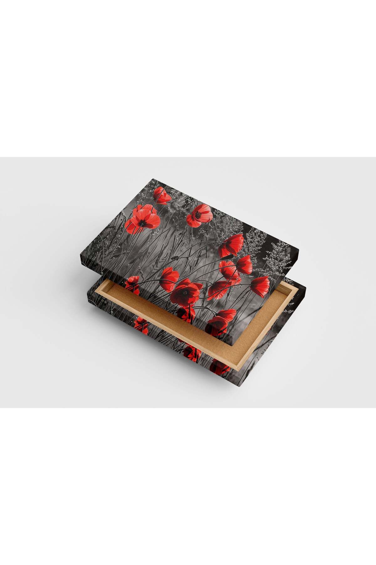Wallivo flower motif, red flowers blooming via dark theme, art, kanvas tablo