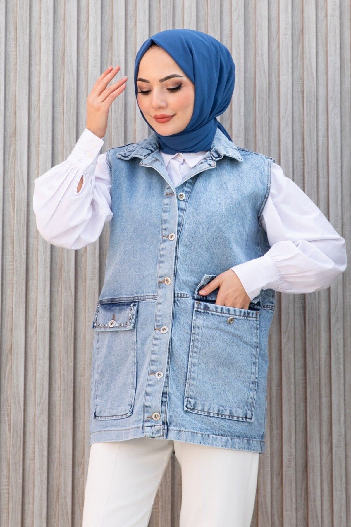 SHİROSA cepleri taş detaylı oversize denim yelek