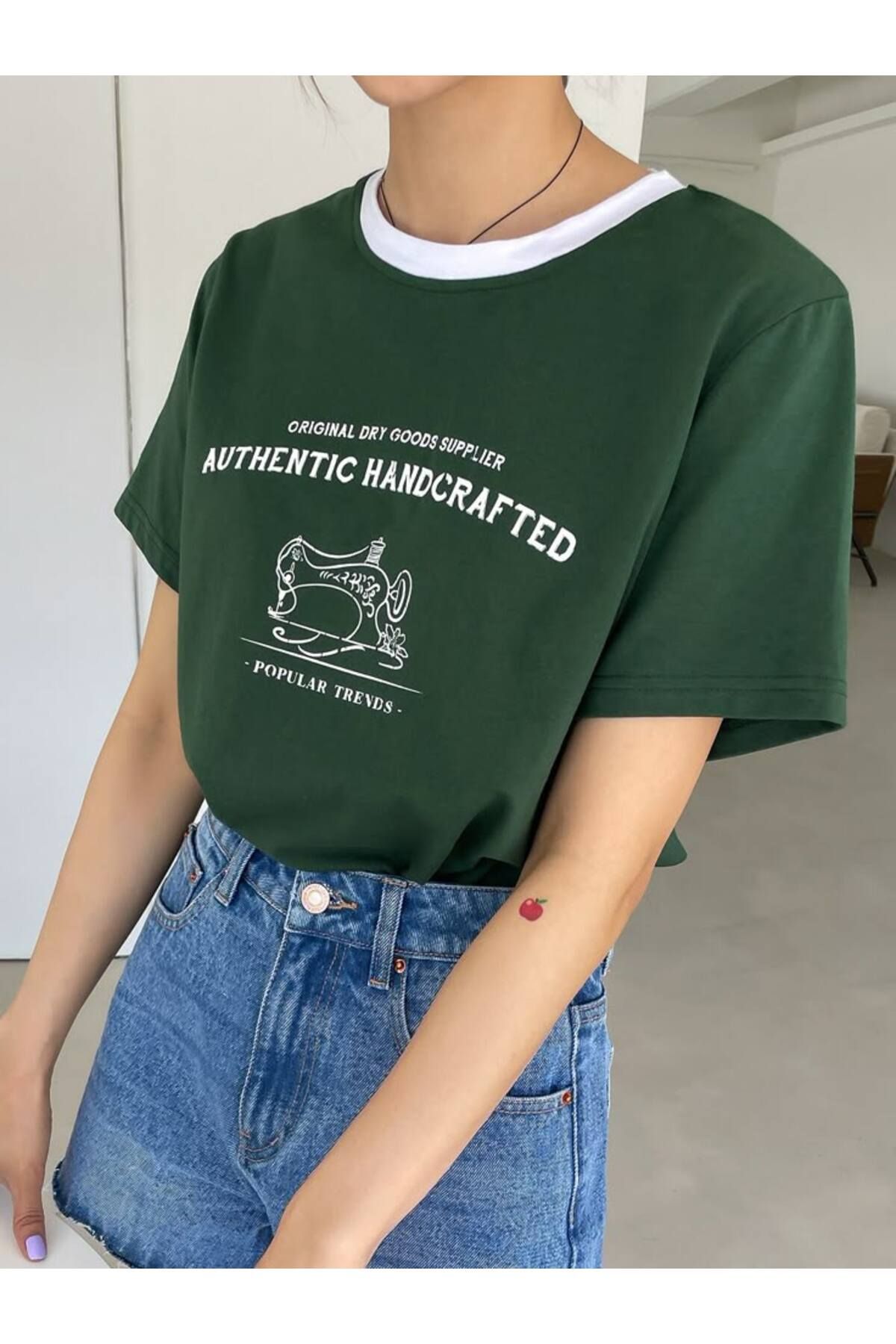 VESTIR BIEN Authentic Baskılı Haki %100 Pamuk T-shirt