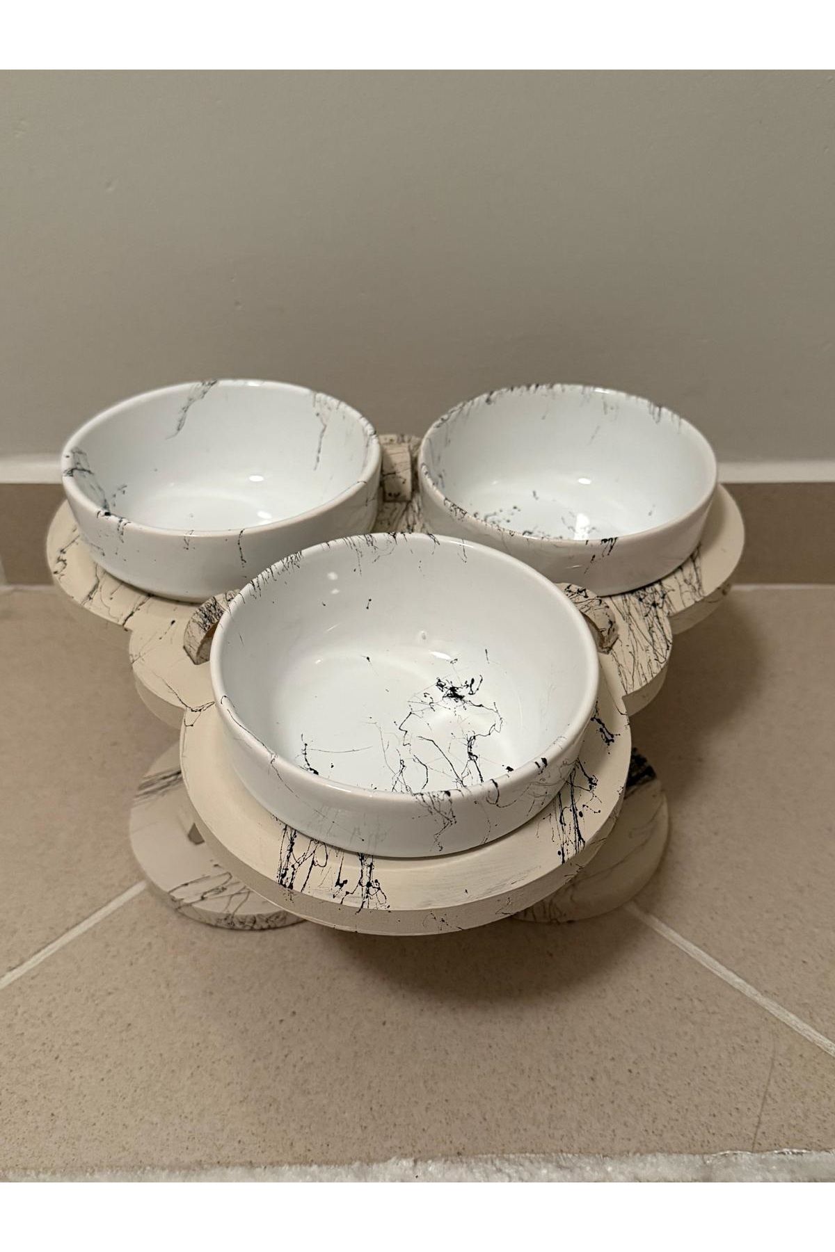 OWL Porselen Mermer Desenli 3 Lü Mama Ve Su Kabı