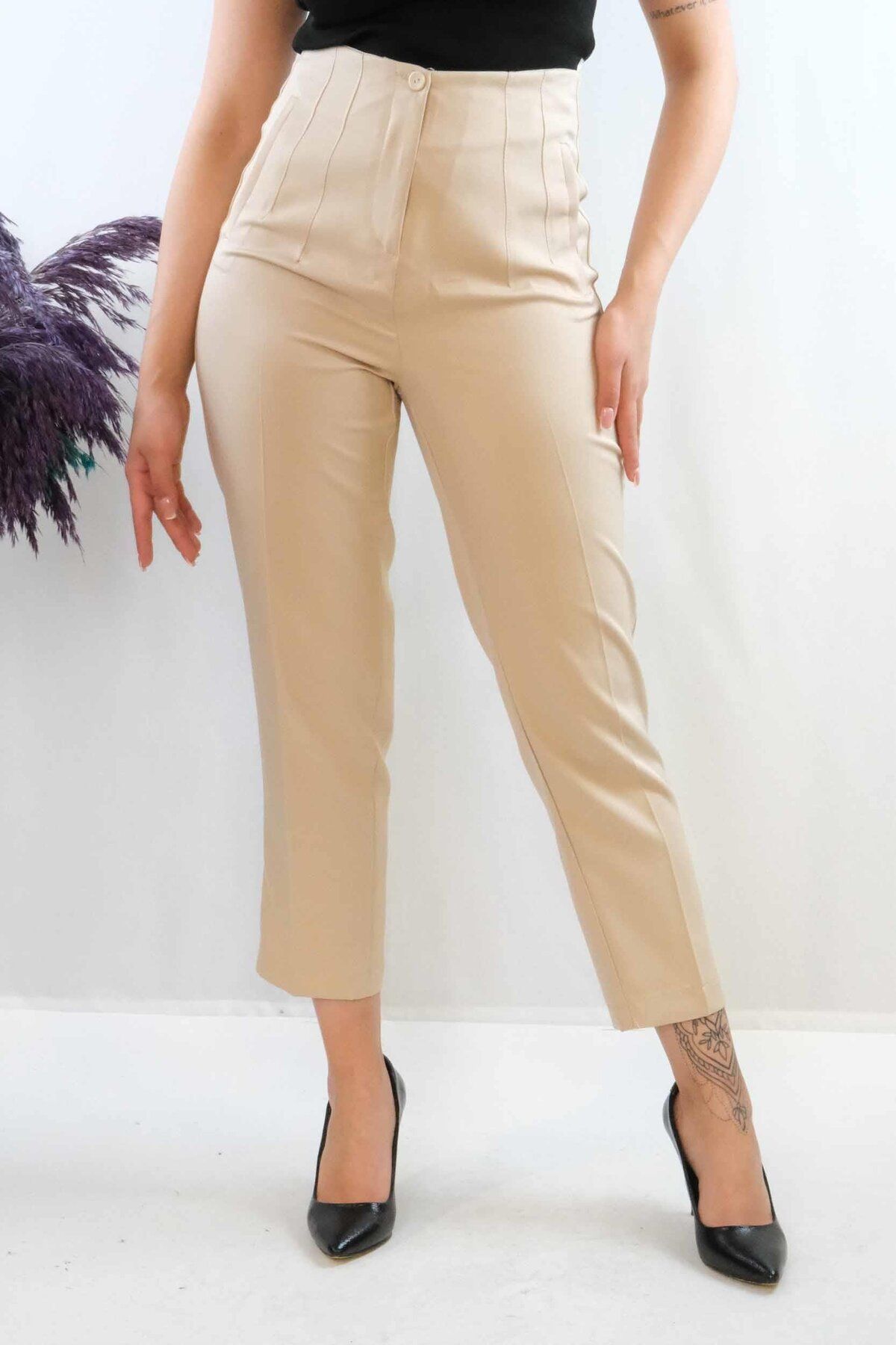 PuShe Moda Çizgi Yüksek Bel Pantolon Taş