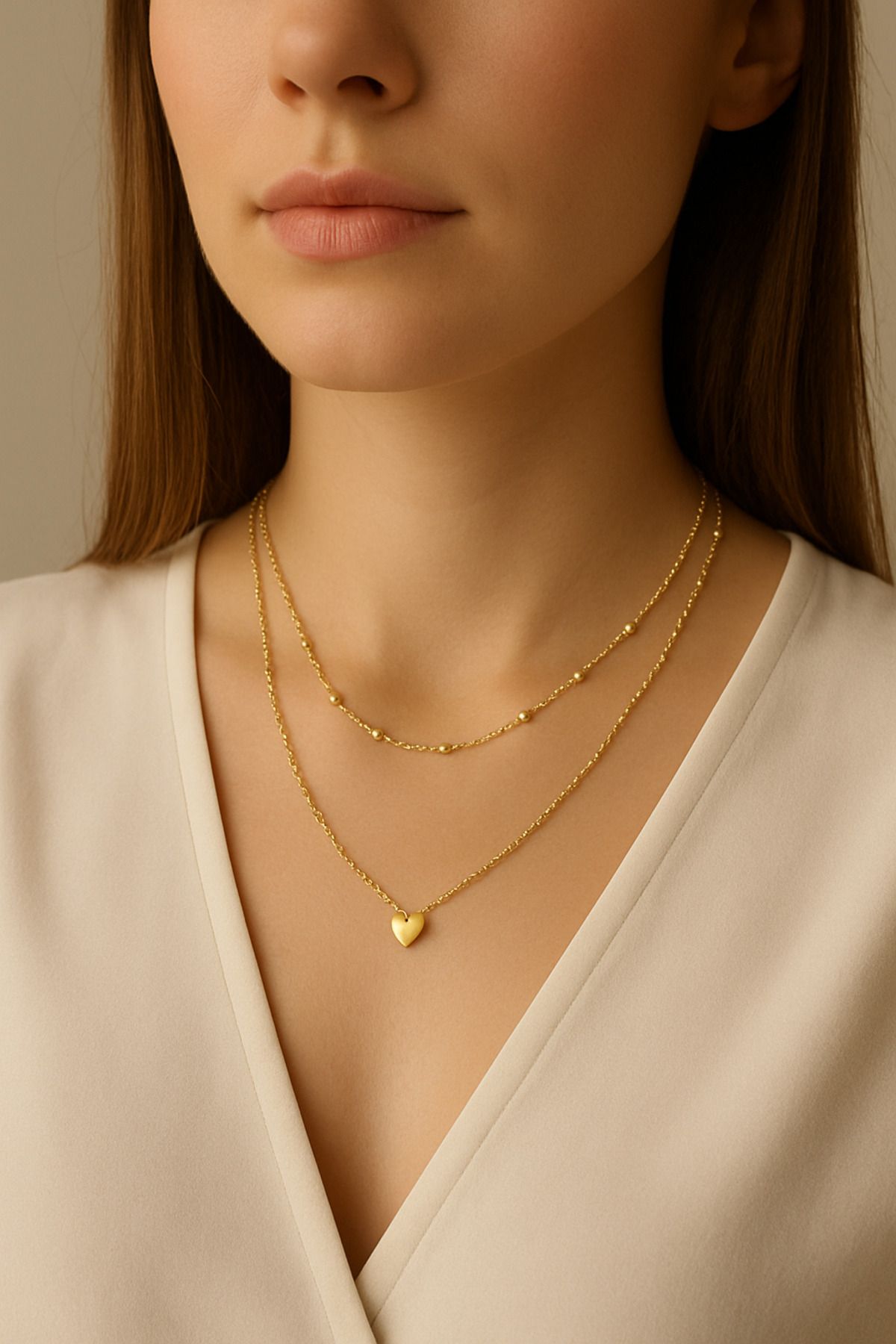 shop Altın Renk Kalp Uçlu İki Katlı Minimal Kadın Kolye
