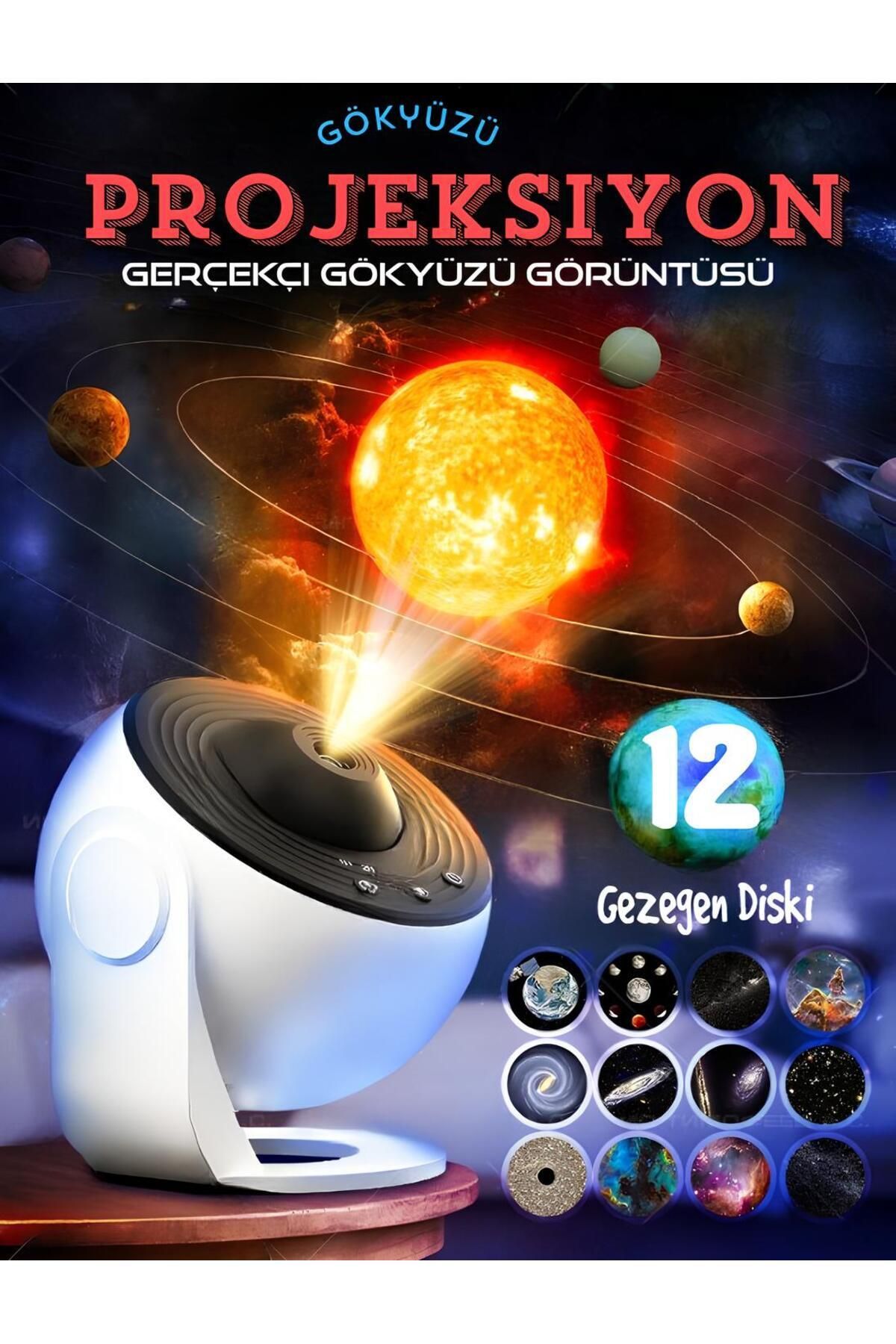 Kensa Gerçekçi HD 12 Film Disk Galaksi Projektörü Led Gökyüzü Projeksiyon Yıldızlı Masa ve Gece Lambası
