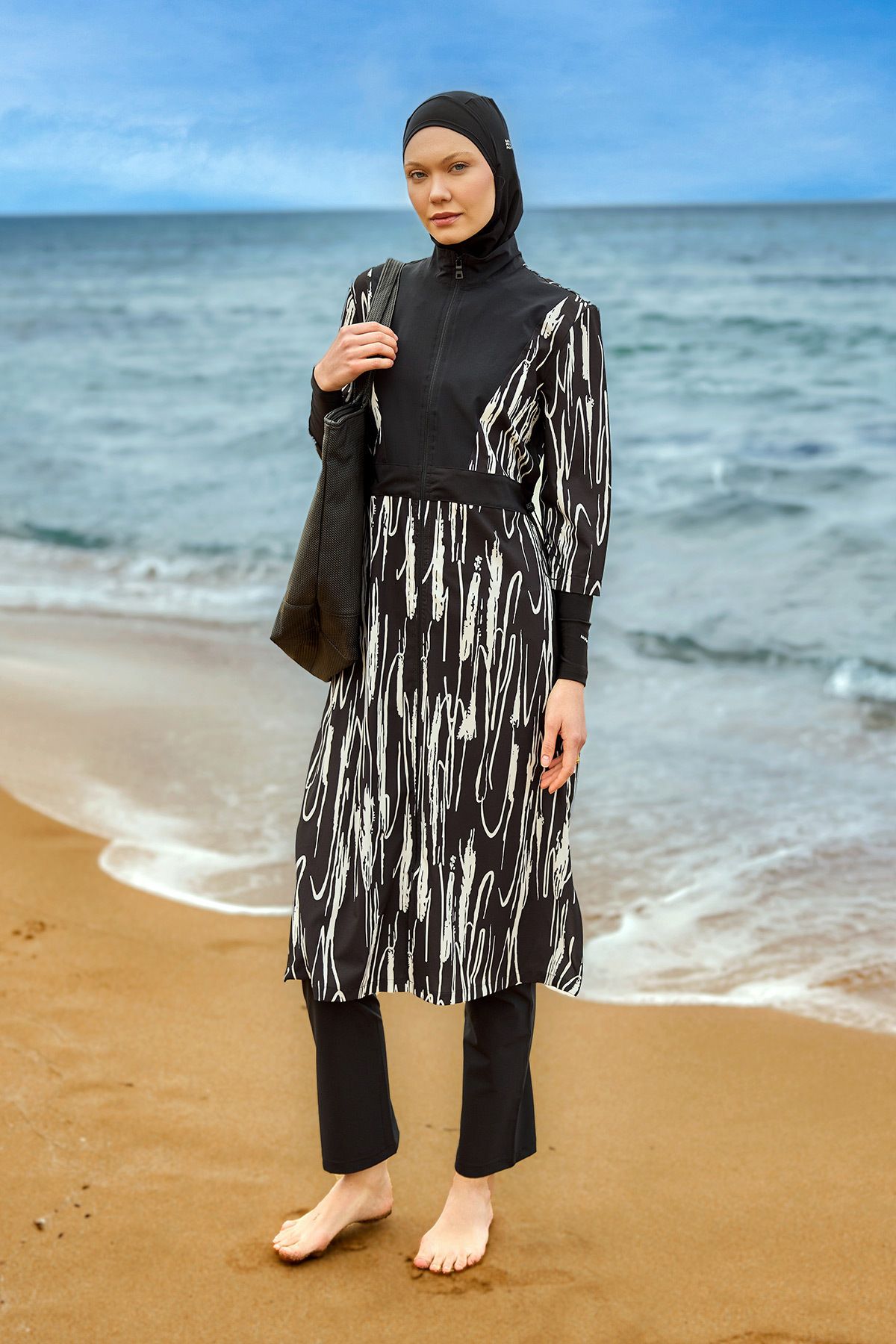 Marina Swimwear Tam Kapalı Tesettür Mayo Uzun Tunikli Sabitlemeli M2504