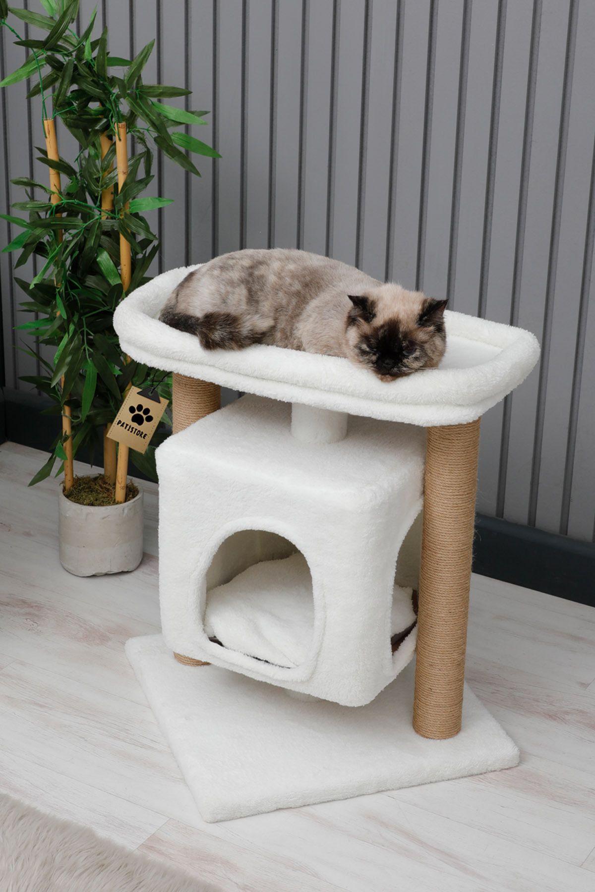 Pati Store Kedi Tırmalama, Kedi Oyun Evi, Yataklı Kedi Evi - Oslo Beyaz