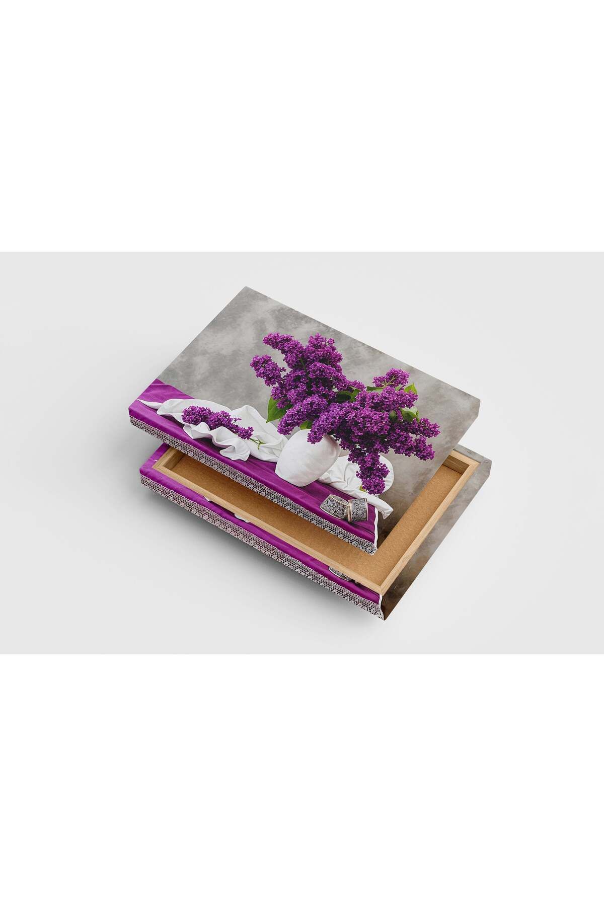 Wallivo flower motif, purple flowers/white vase, art, kanvas tablo