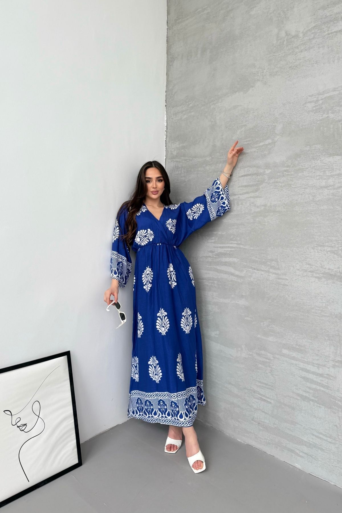 mezqa  Otantik Desenli Mavi Uzun Kollu Elbise - Görsel 2