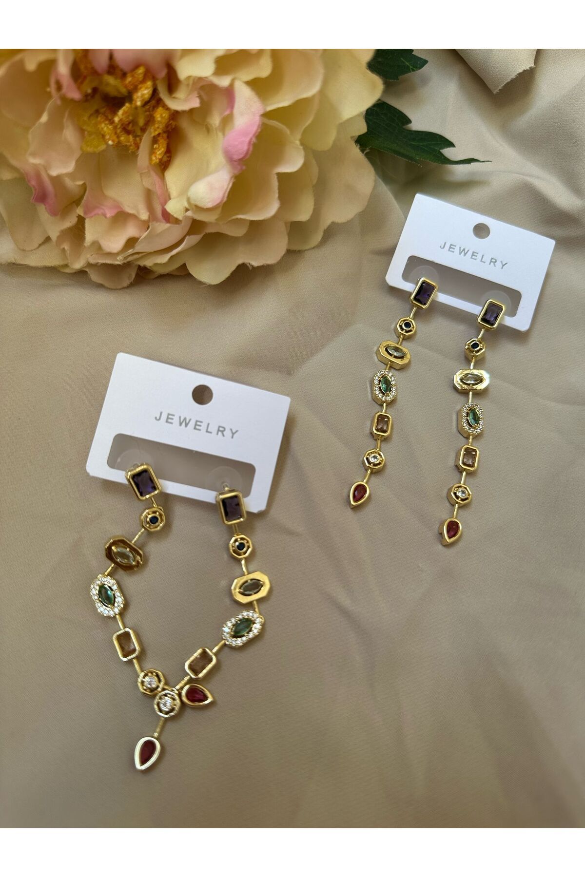 Liyajewellery Renkli Taşlı Y model Gold KÜPE