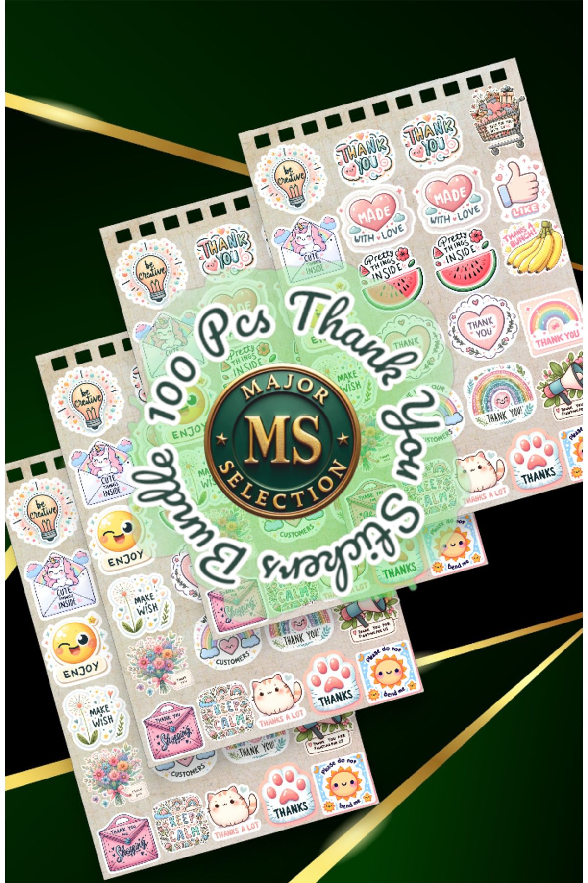MS Major Selection 100 Adet Karışık Mesajlı Sticker Seti | Teşekkür & Hediye Etiketi | Made with Love - Just for You