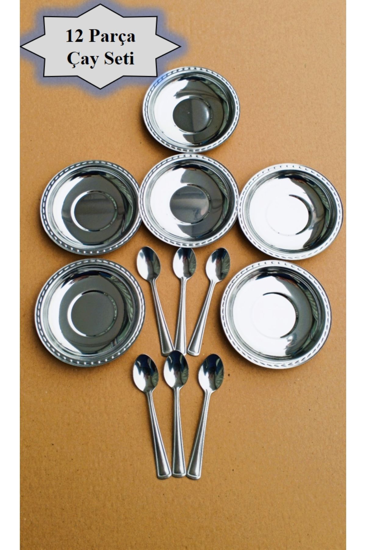 HZL HOME 12 Parça Paslanmaz Metal Çay Seti, 6 Adet Çay Tabağı, 6 Adet Çay Kaşığı