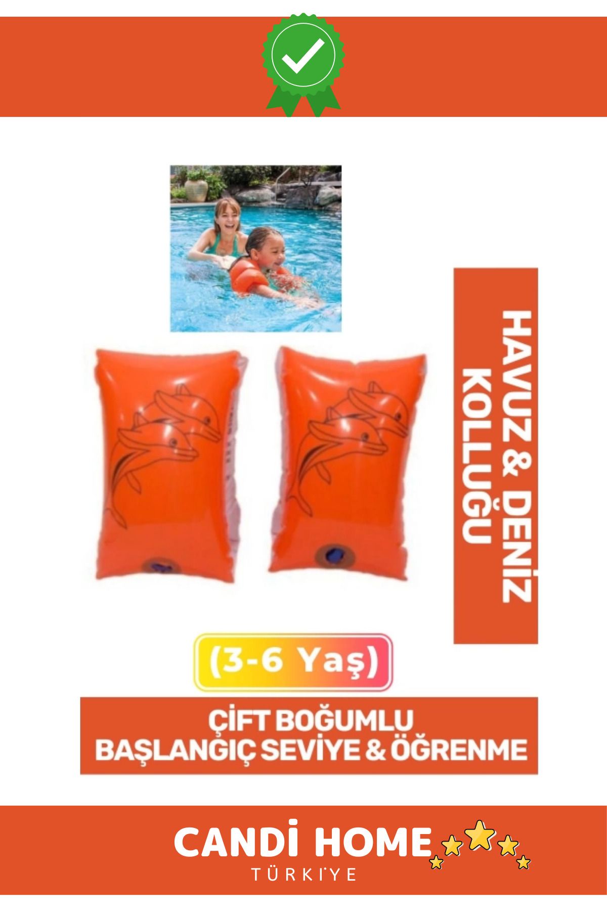 HOBİ CONDİ Premium Yunus Başlangıç Seviye Çift Boğumlu 3-6 Yaş Çocuk Deniz Havuz Yüzme Öğrenme Şişme Kolluğu