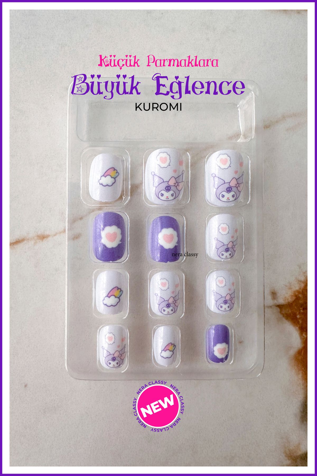 Nera Classy Kuromi Çocuk Takma Tırnak Seti, New Sevimli Kuromi Çocuk Takma Tırnak