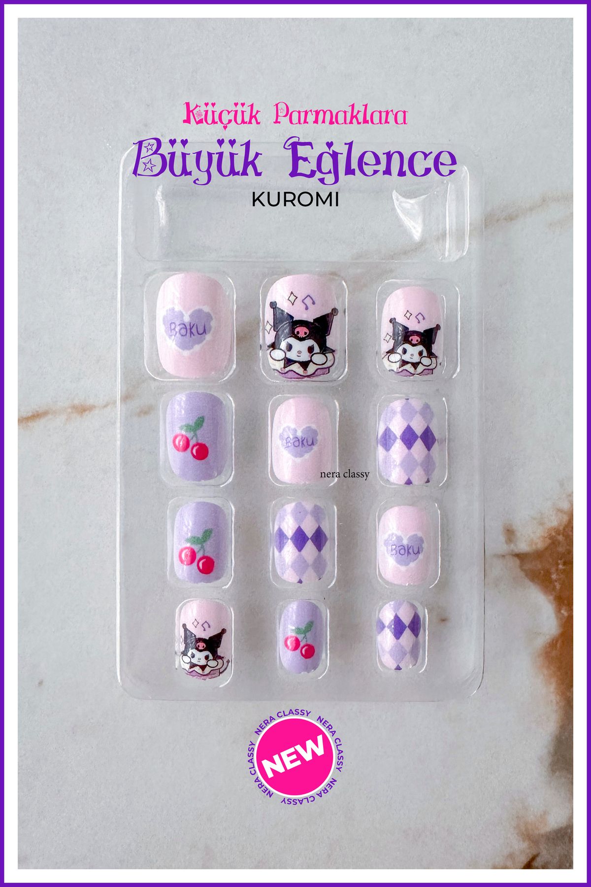 Nera Classy Kuromi Çocuk Takma Tırnak Seti, New Sevimli Kuromi Çocuk Takma Tırnak
