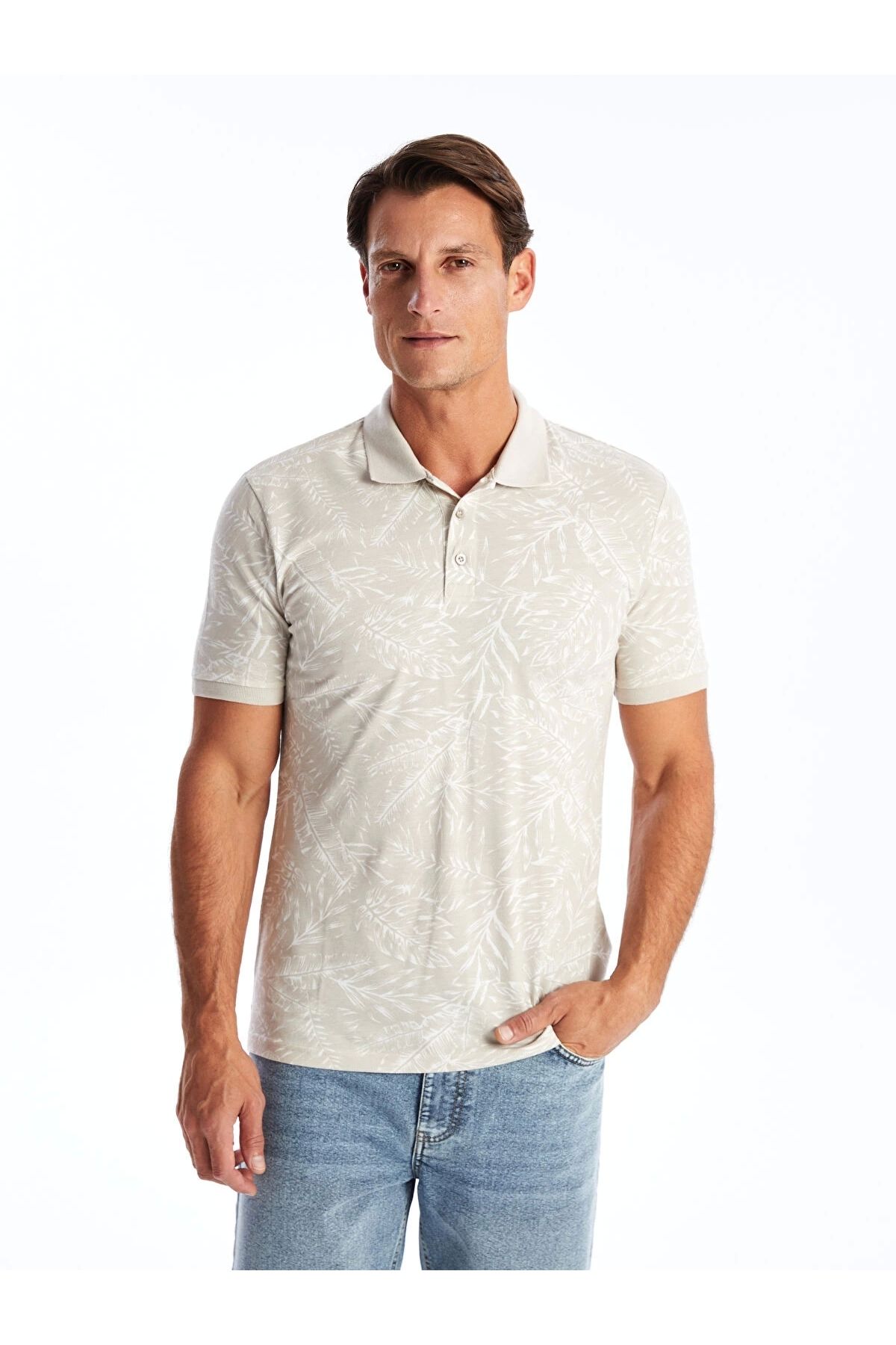 LC Waikiki SOUTHBLUE Bej Polo Yaka Kısa Kollu Desenli Erkek Tişört