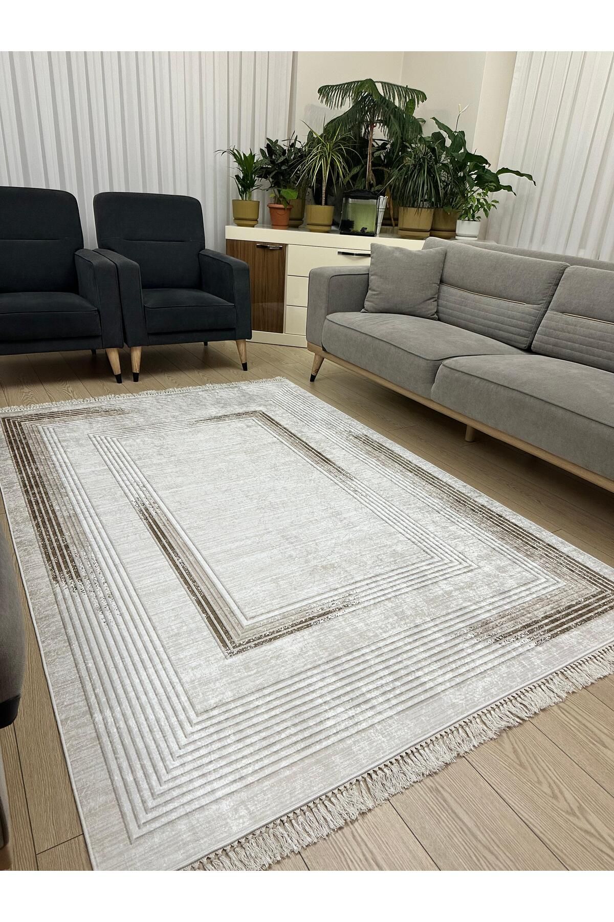 NEU HAUS Makinede Yıkanabilir Halı Kaymaz Taban Kahverengi Salon ve Oturma odası Halısı Dijital Baskı Halı