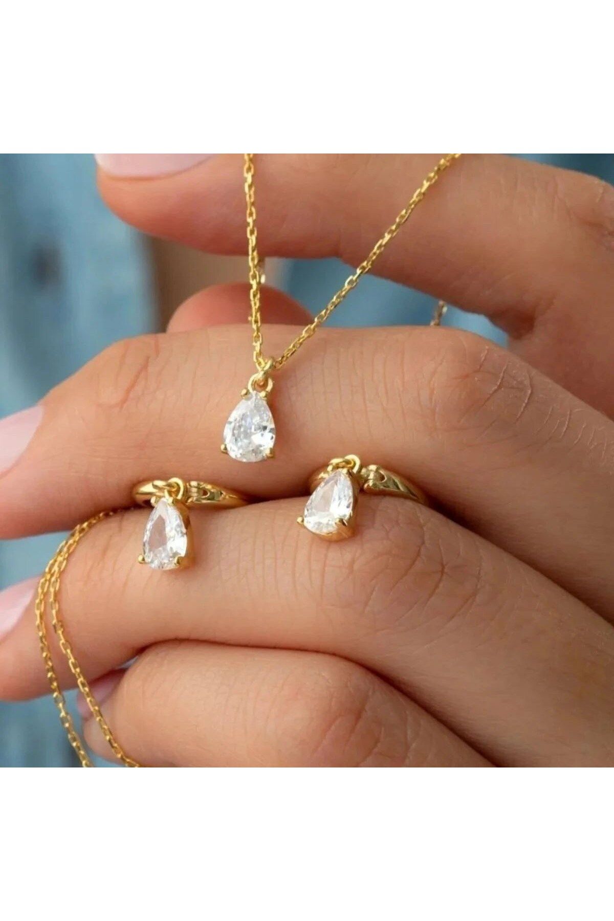 beonejewelry DAMLA TAŞLI KOLYE KÜPE SET | 925 GÜMÜŞ