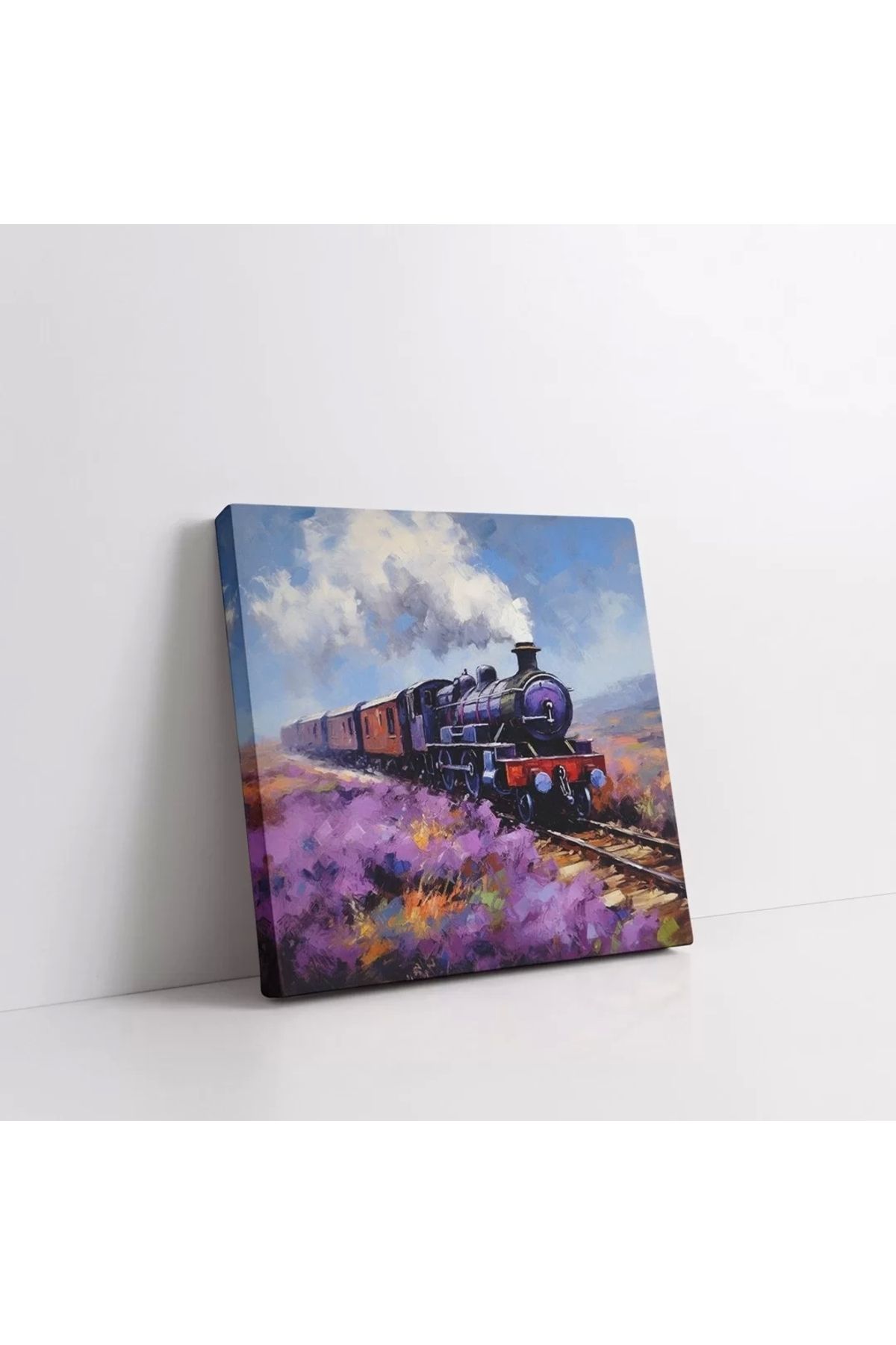 VOGLOO Mor Çiçekler ve Tren Kare Kanvas Tablo