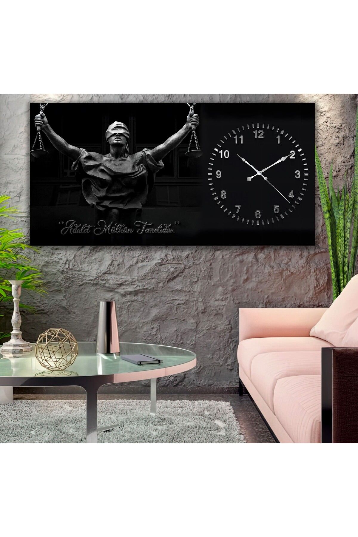 EMYA HOME Saatli Adalet Terazisi Panoramik Kanvas Tablo