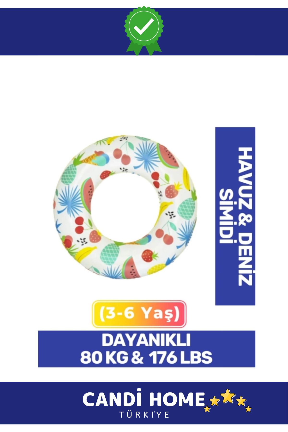 HOBİ CONDİ Premium Özel Dayanıklı 80 kg 176 lbs Çocuk 3-6 Yaş 61 Cm Meyve Desenli Deniz Havuz Simit