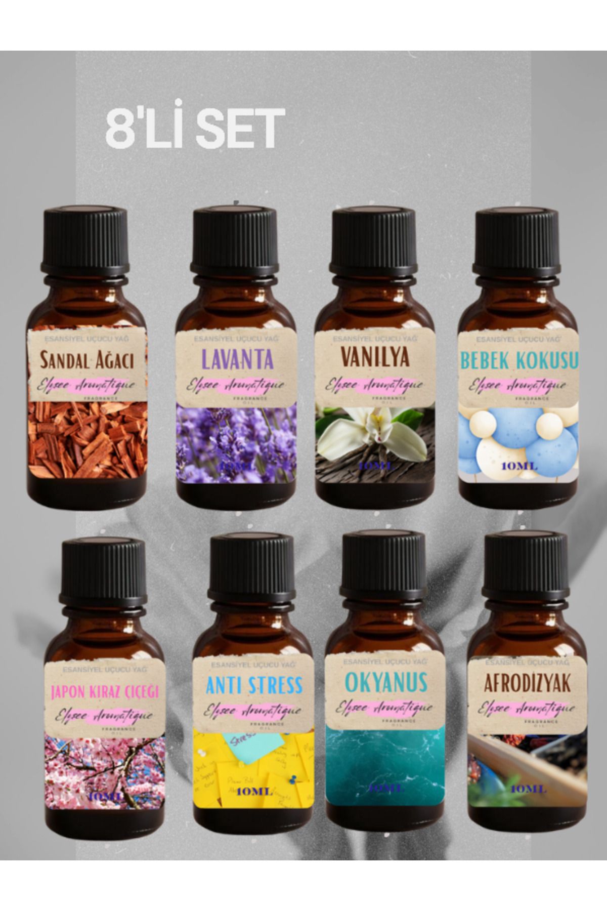Elysee Aromatique 8'li Set Esansiyel Uçucu Koku Yağı Difüzör Esansı Buhurdanlık Yağı Aromaterapi Yağı