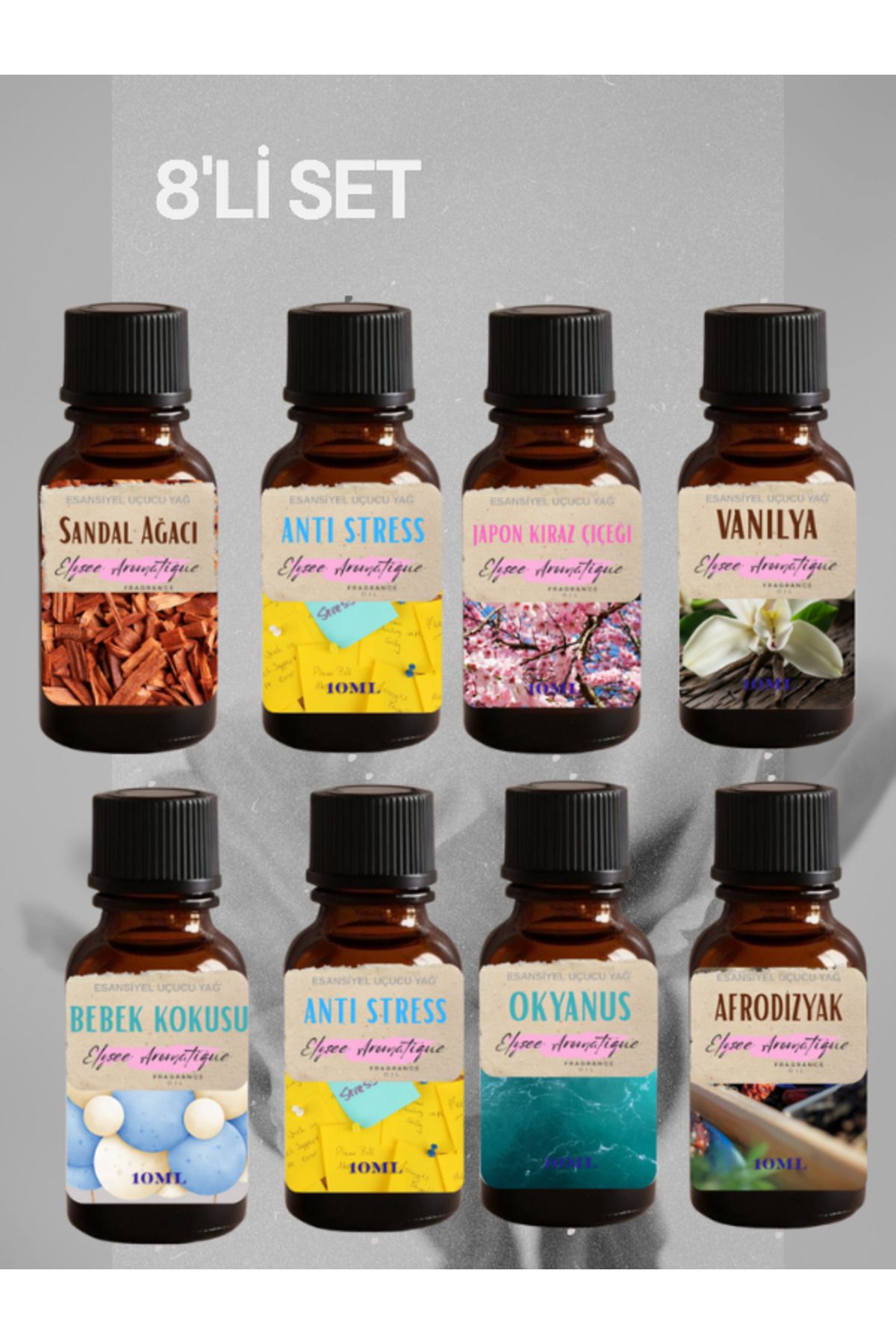 Elysee Aromatique 8'li Set Esansiyel Uçucu Koku Yağı Difüzör Esansı Buhurdanlık Yağı Aromaterapi Yağı