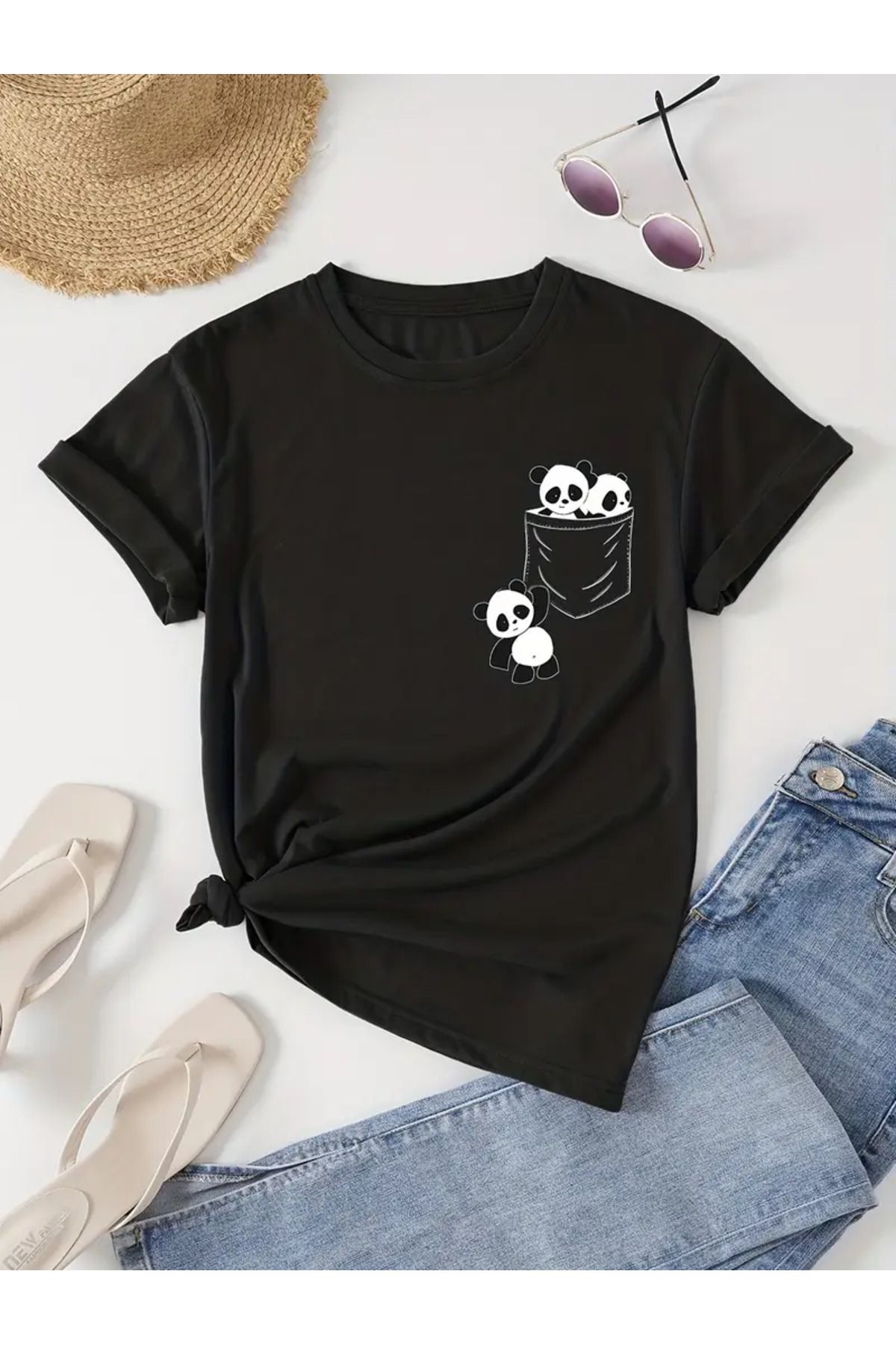 LEIVOR Panda Cep Tasarım Baskılı Kadın T-shirt