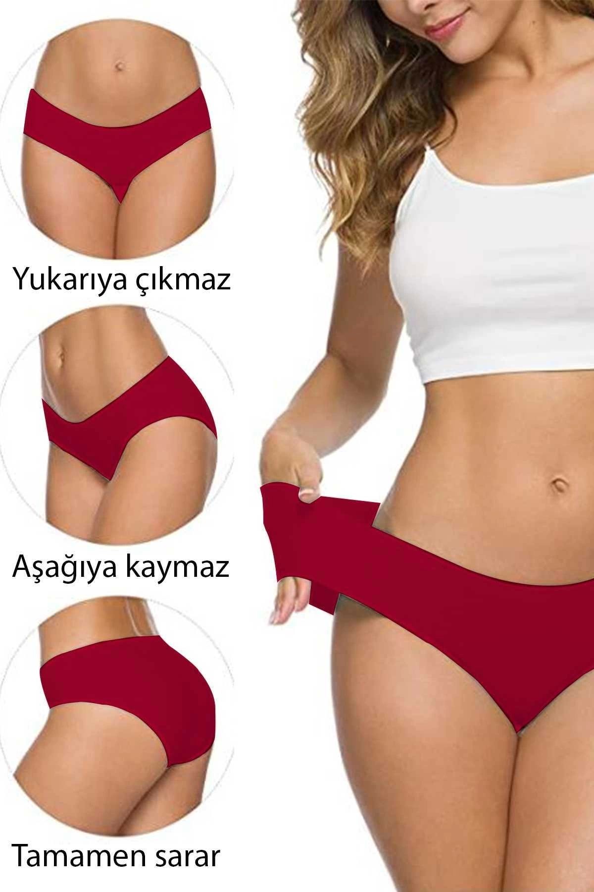 GiyimCity 2 Adet Kadın Dikişsiz Lazer Kesim Esnek İz yapmayan Külot Bordo
