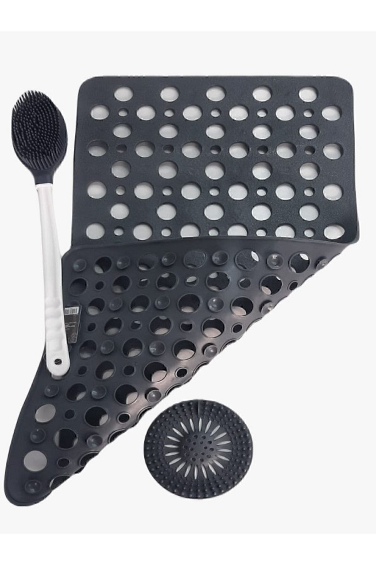 MAİN SHOP 3 Parça Set Bubble Ve Duş Kaydırmaz Çift Taraflı Banyo Duş Fırçası Yuvarlak Süzgec Gri Renk M-141
