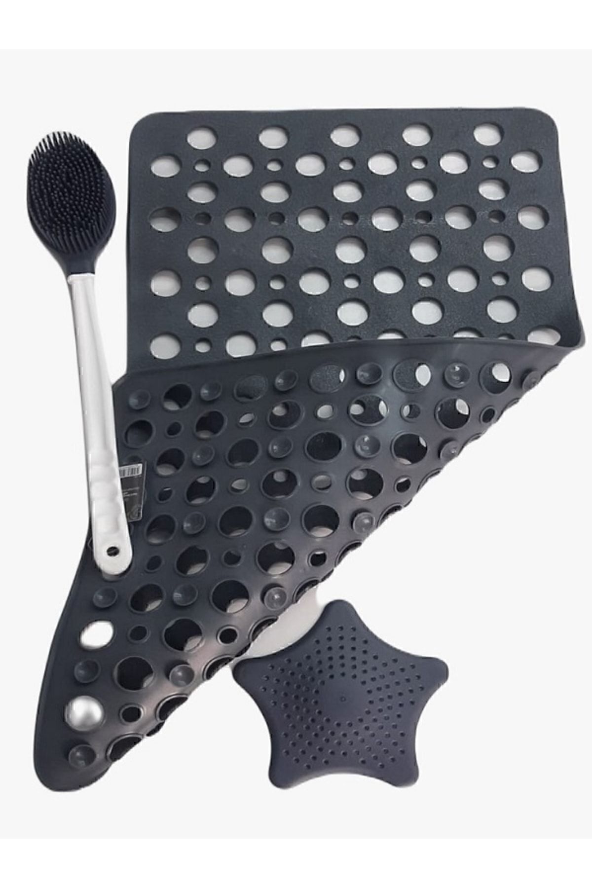 MAİN SHOP 3 Parça Set Bubble Ve Duş Kaydırmaz Çift Taraflı Banyo Duş Fırçası Yıldız Süzgec Gri Renk M-141