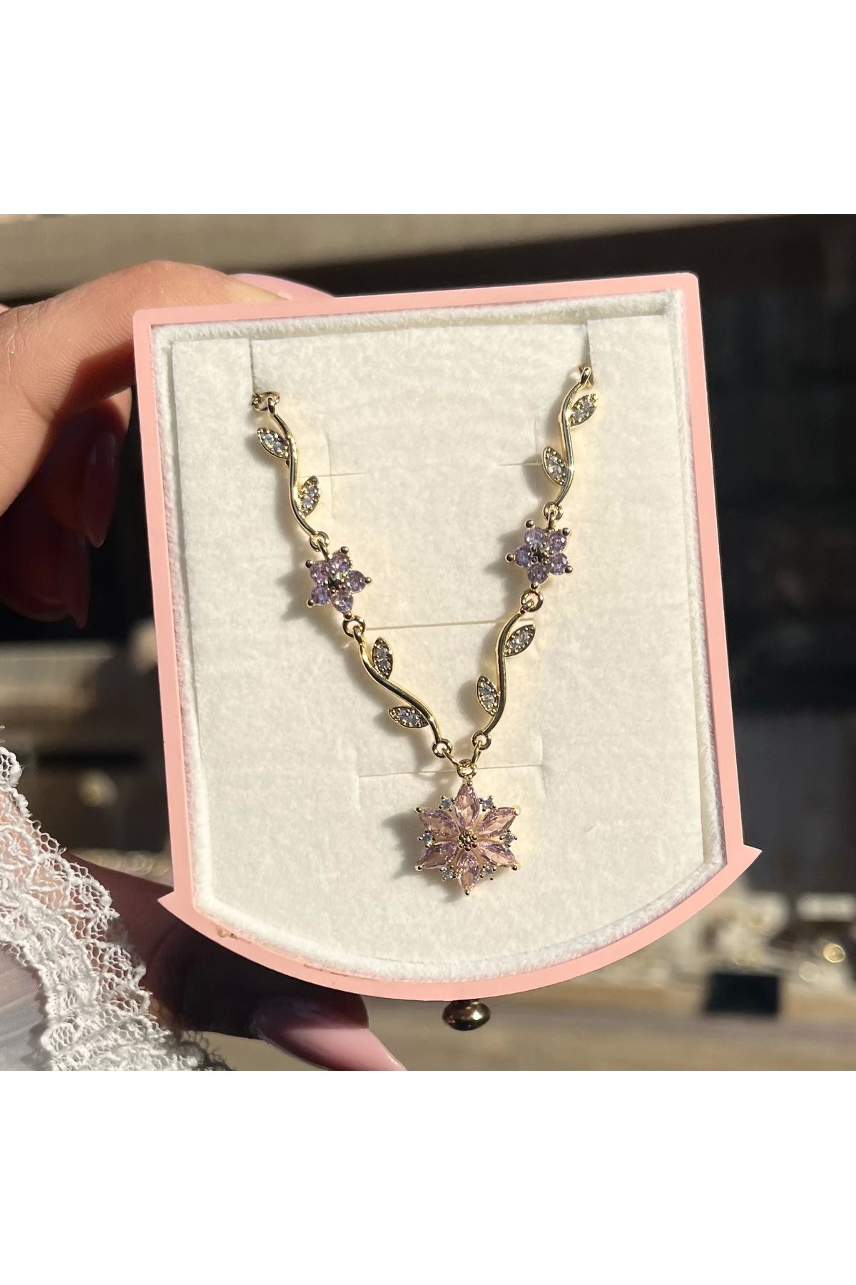 Vintagezegeni Pembe Prenses Çiçeği Violet Kolye
