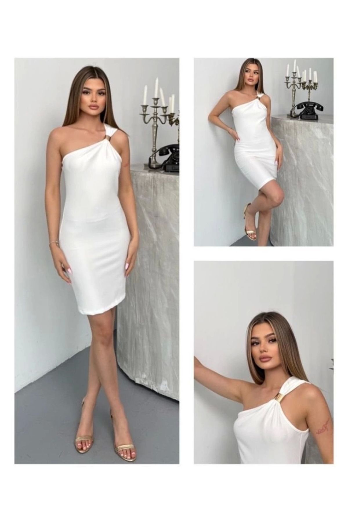 Butik Kadın Ottoman Kumaş Tek Omuz Askılı Toka Detaylı Mini Boy Elbise