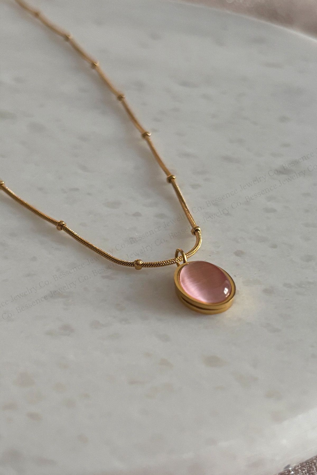 Bessence Jewelry Co ÇELİK PEMBE KEDİ GÖZÜ KOLYE