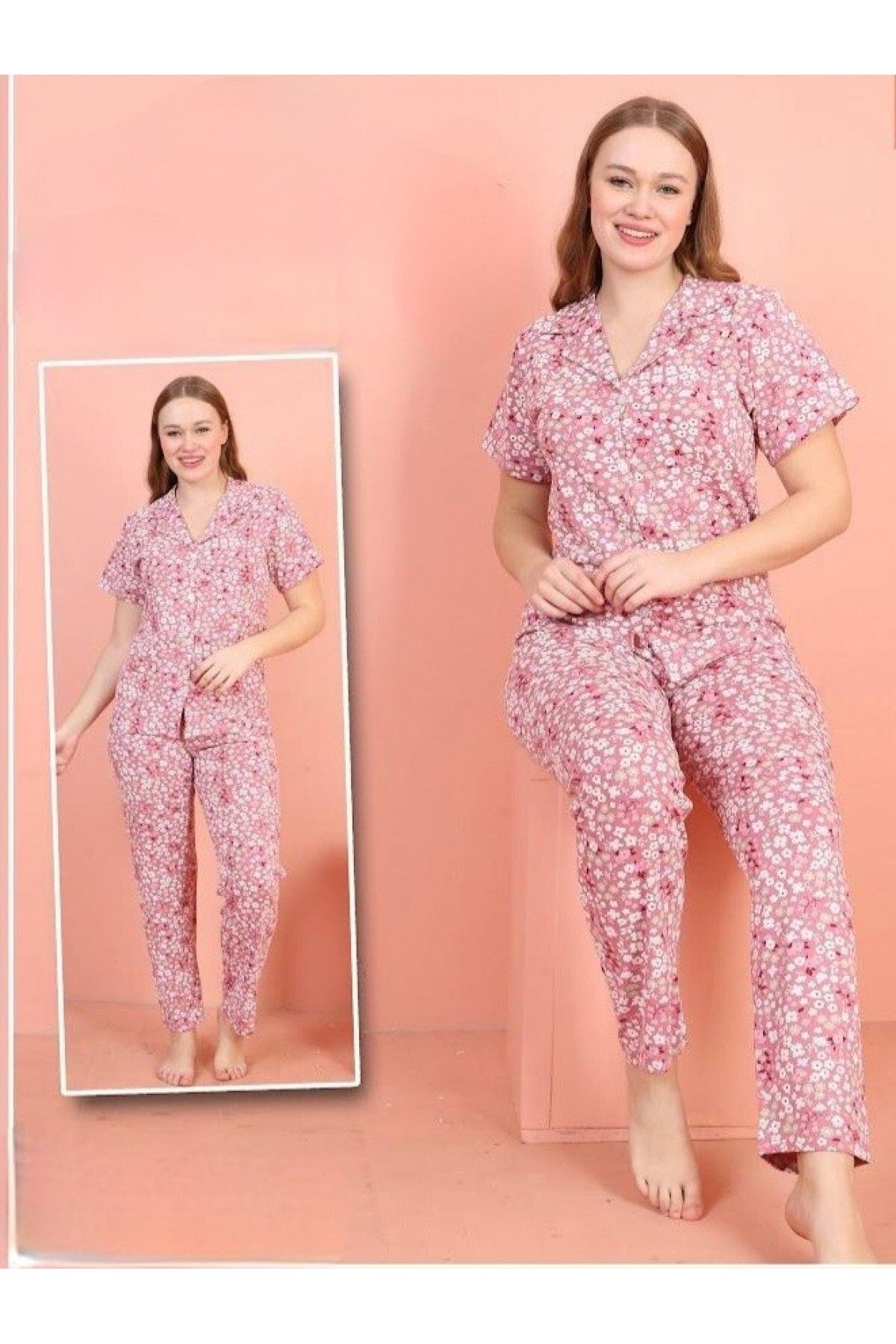 Modamorfo Önü Düğmeli V Yaka Kısa Kollu Pijama Takımı -Pembe
