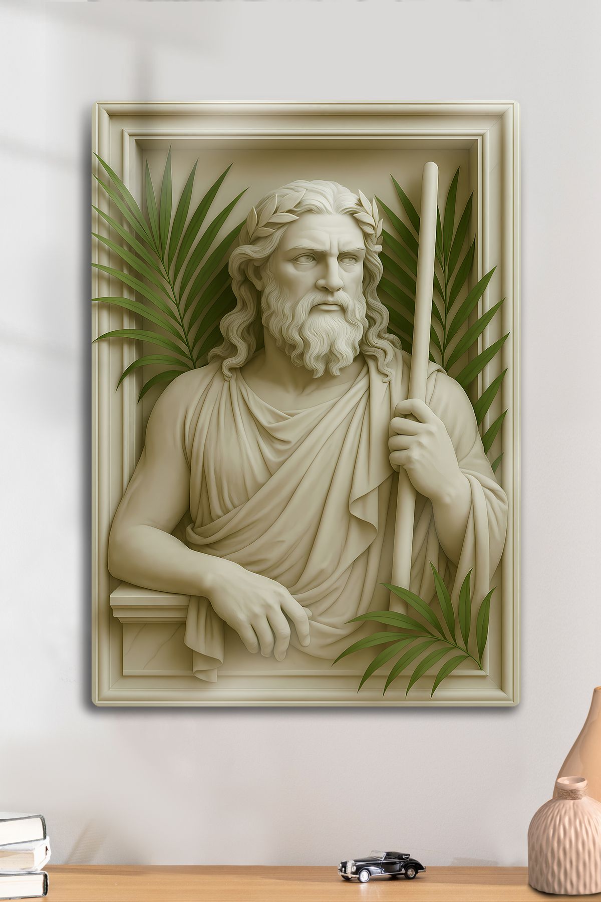 DekorHane 3D Kabartma Metal Baskı, Dekoratif Mitolojik Tanrı, Zeus Heykel Tablo, Mermer Görünüm, Ev Ofis