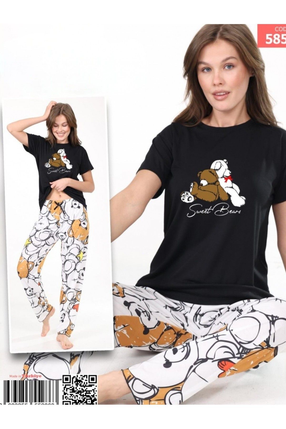 Modamorfo Ayıcık Desenli Kısa Kollu Pijama Takım -Siyah