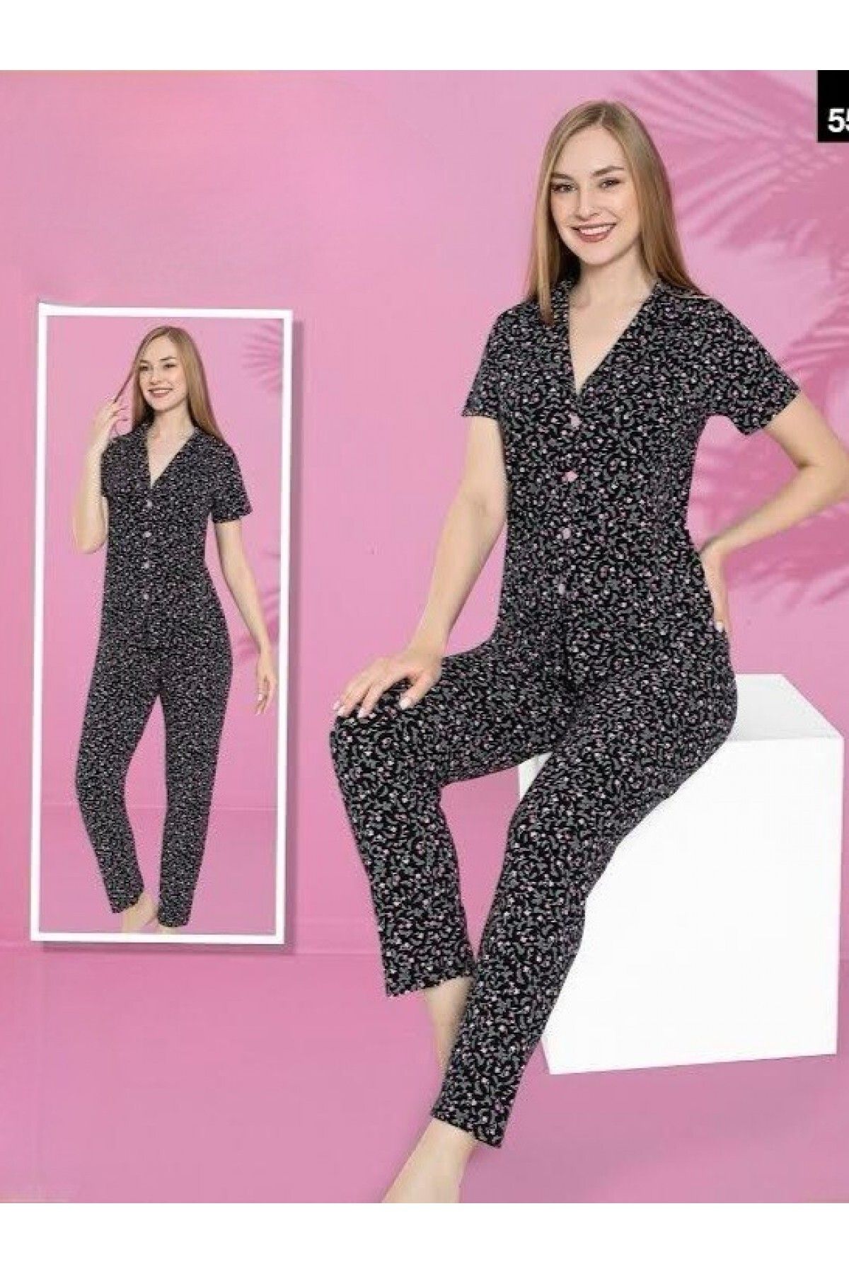 Modamorfo Küçük Çiçekli V Yaka Düğmeli Kısa Kollu Pijama Takımı -Siyah