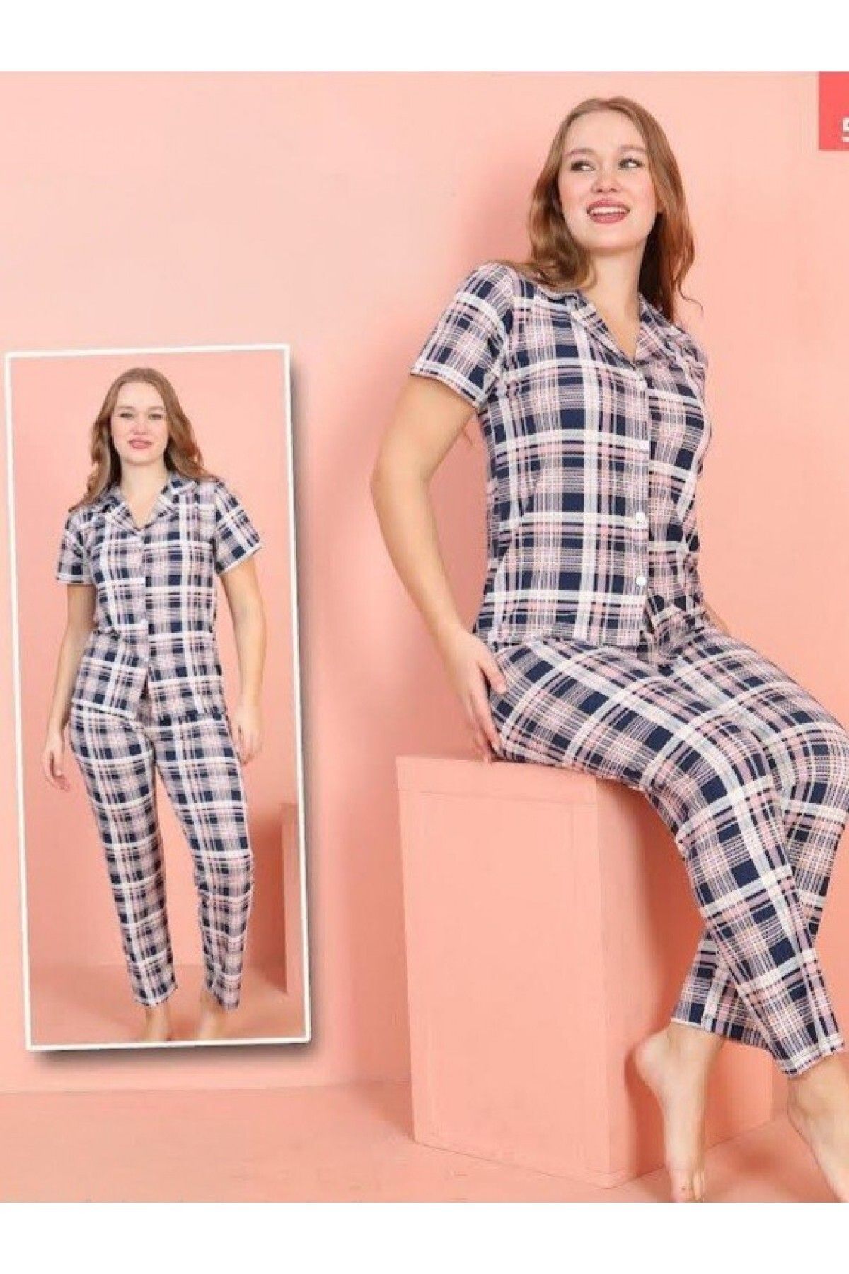 Modamorfo Küçük Kareli Düğmeli Kısa Kollu Pijama Takımı -Pembe